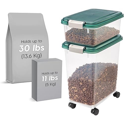 IRIS USA 30 lbs & 11 lbs Combo Airtight Dog Food Storage Container, Stackable Treat Box, Wheels, Keep Fresh, Easy Mobility, Green