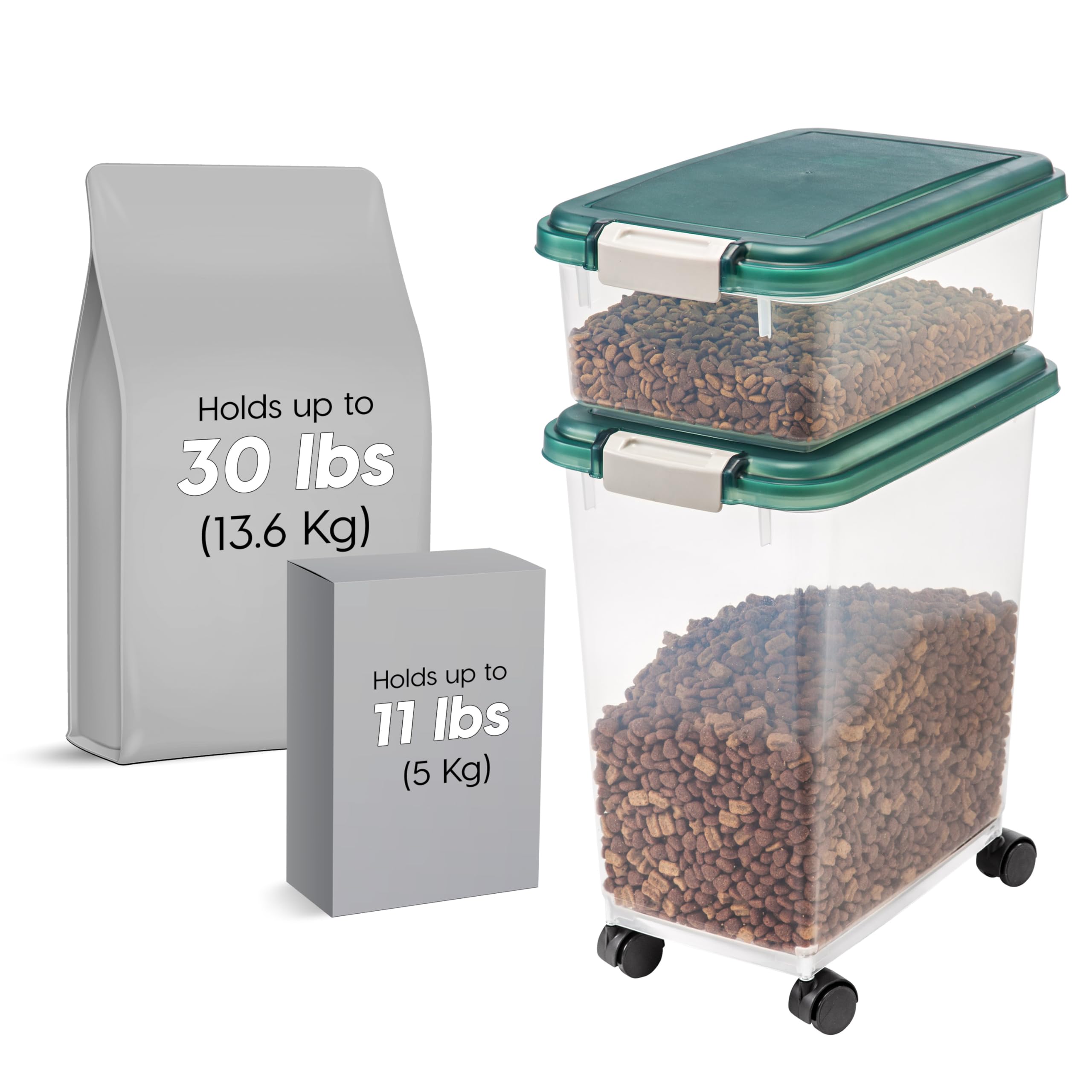 IRIS USA 30 lbs & 11 lbs Combo Airtight Dog Food Storage Container, Stackable Treat Box, Wheels, Keep Fresh, Easy Mobility, Green