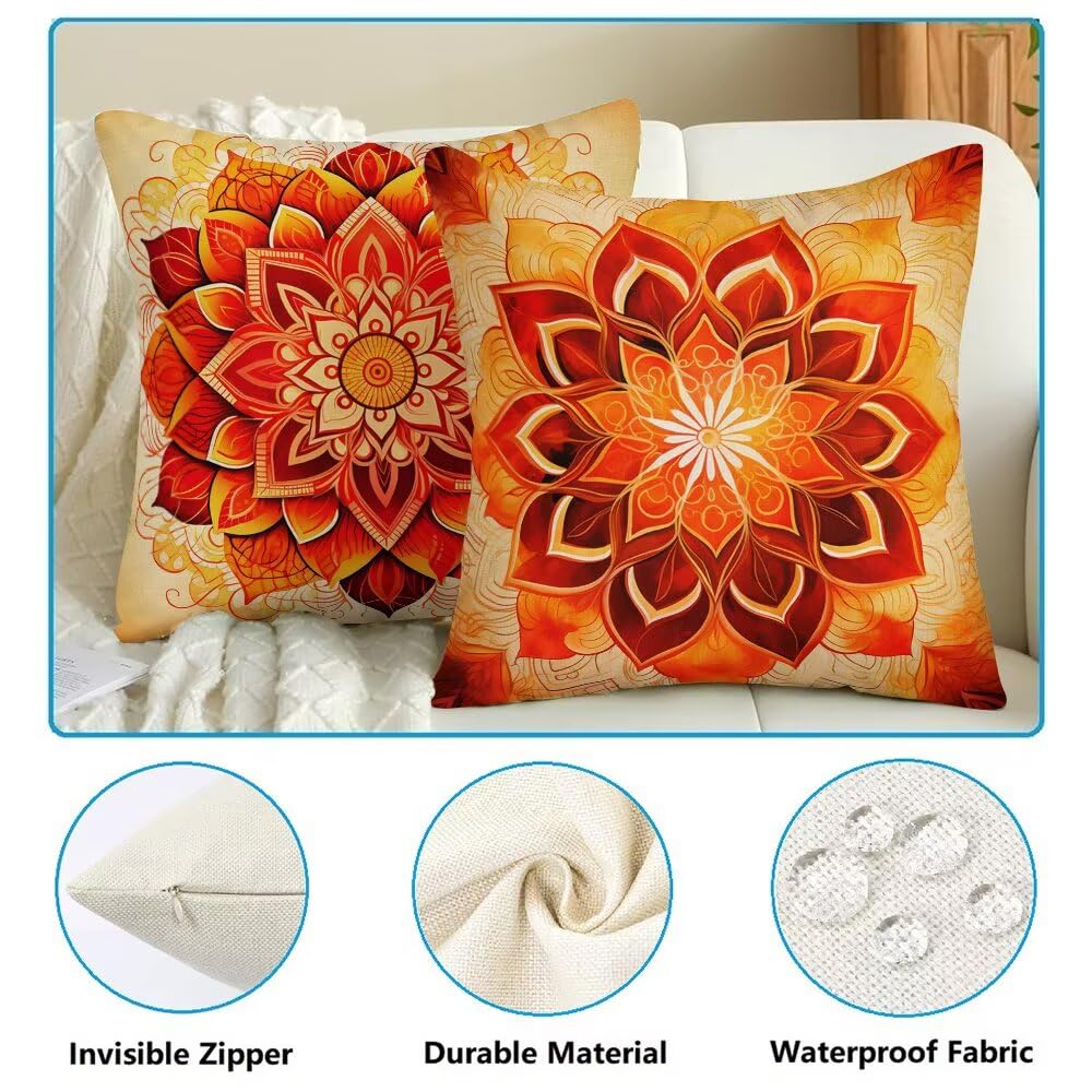 Federe Cuscini da Esterno Impermeabili 65x65 Arancione Copri Cuscini per Divano Mandala Federa Cuscino Boho Decorativi Copricuscini per Divano Giardino Patio Soggiorno Copricuscino Set di 2 (IU301)