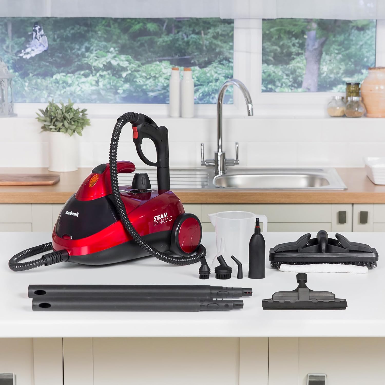 Ewbank SC1000 Dynamo Steam Cleaner being used to clean an oven door with steam