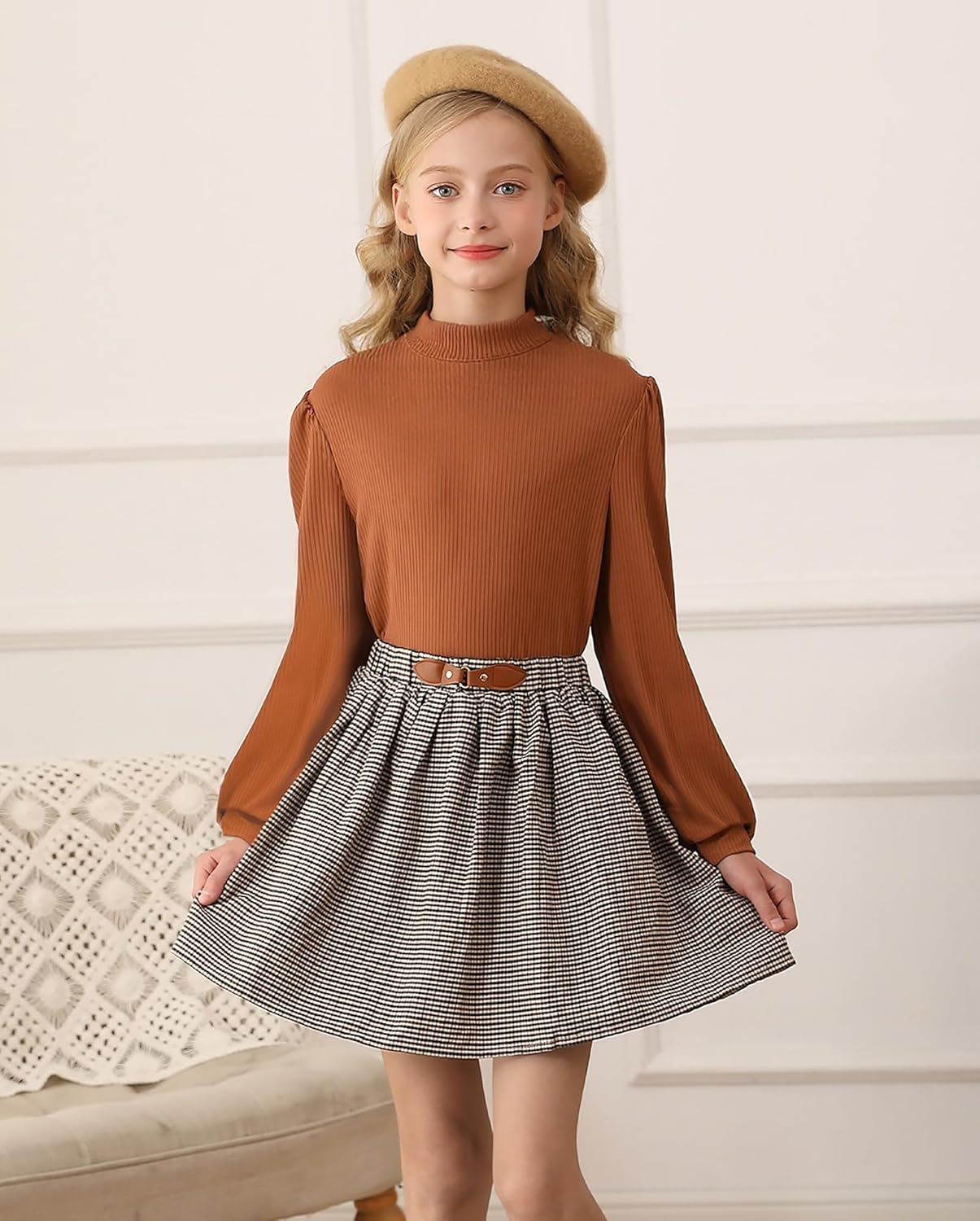 Girls Skirt Sets 2 Piece Outfits Long Sleeve Puff Mock Neck Tops and Plaid Skirts Fall Winter Clothes Size 6-14Y - Image 2
