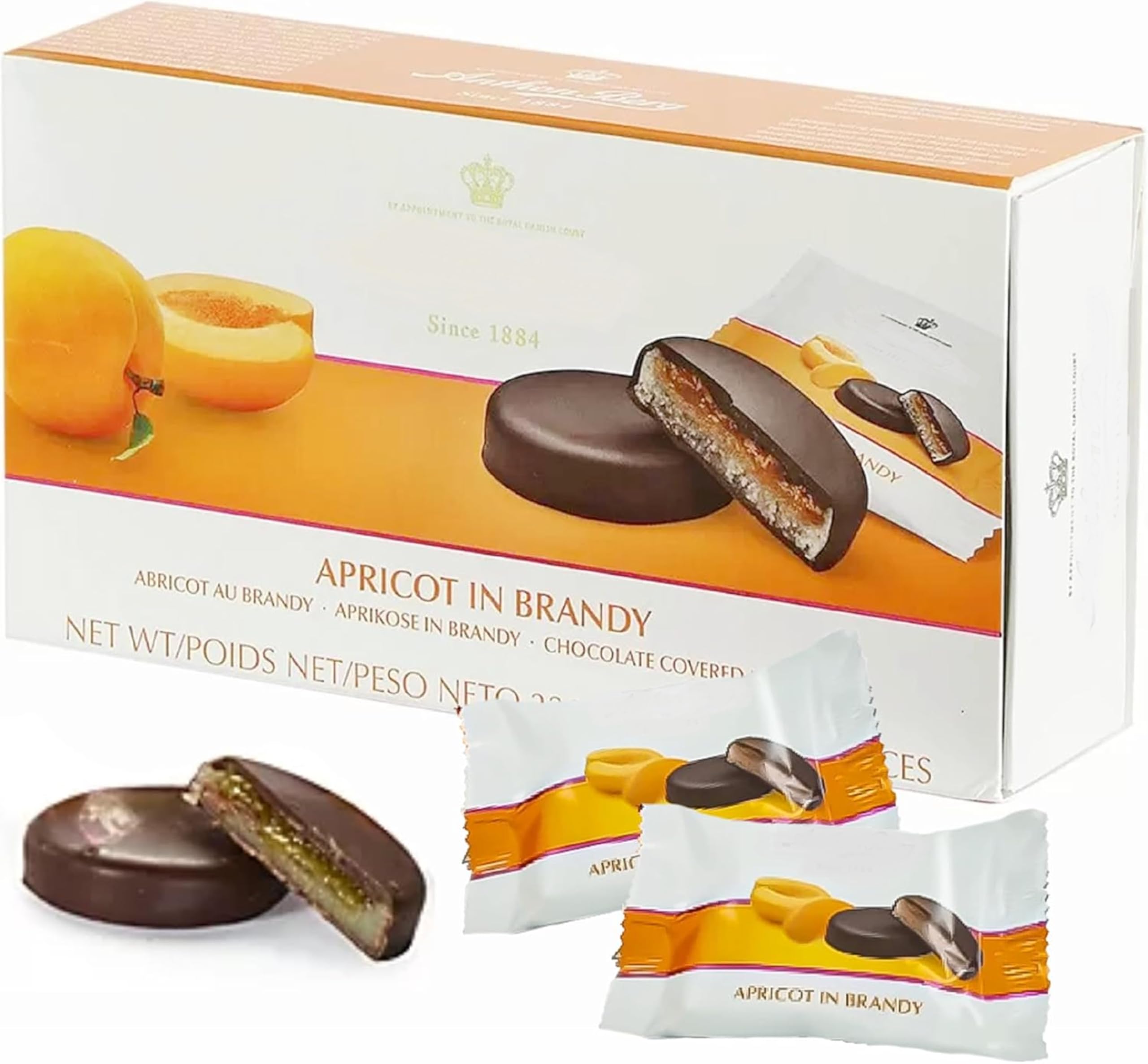 Liqueur Chocolates Gift Box for Womens Gifts - Apricot in Brandy Dark Chocolate Covered Marzipan 220g Chocolate Gift with Topline Card for Christmas Stocking Fillers, Secret Santa Gifts for Women