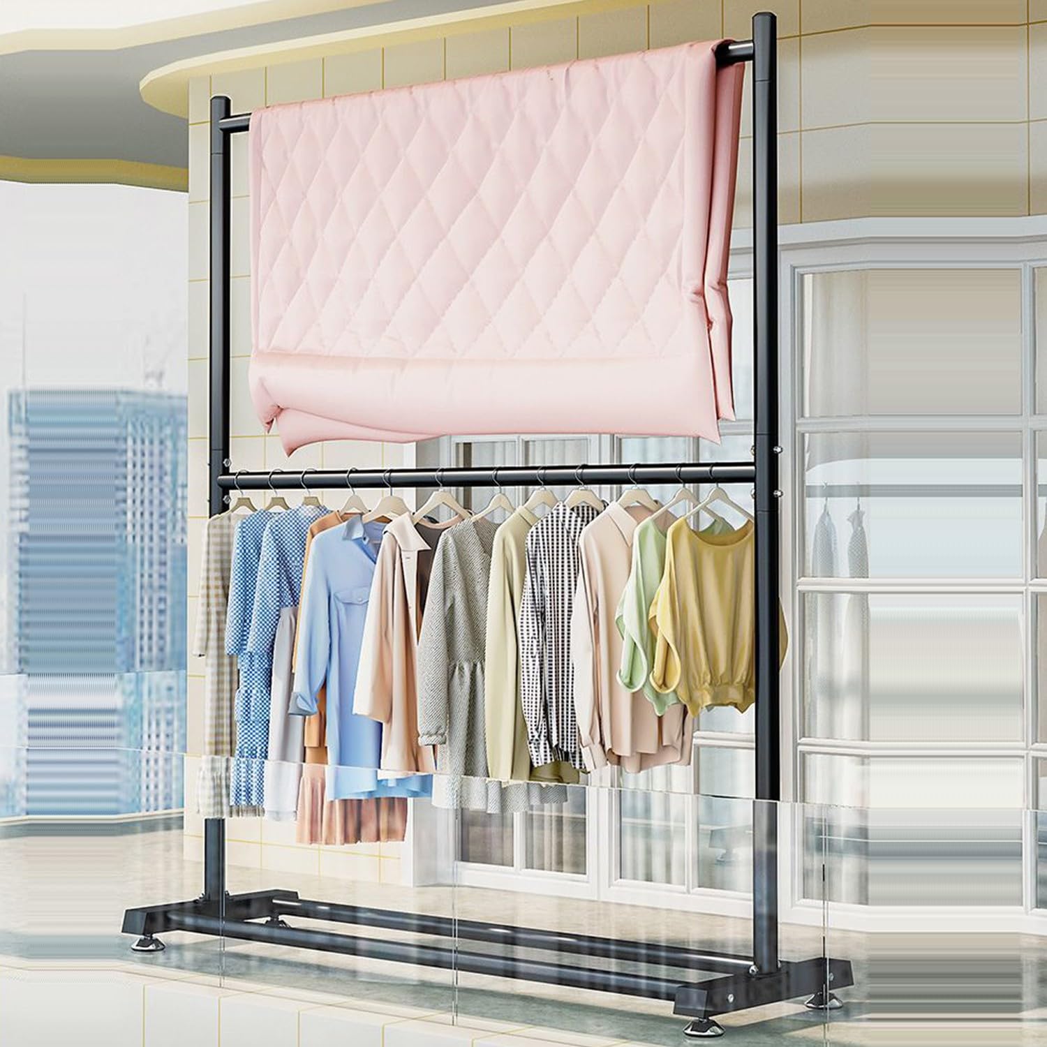 Schwerlast-Kleiderständer mit Rollen, 2 Ebenen, Metall, Kleiderständer und Schuhregal, ideal für Schlafzimmer, Wohnzimmer, Balkon, 150 cm, platzsparendes Design