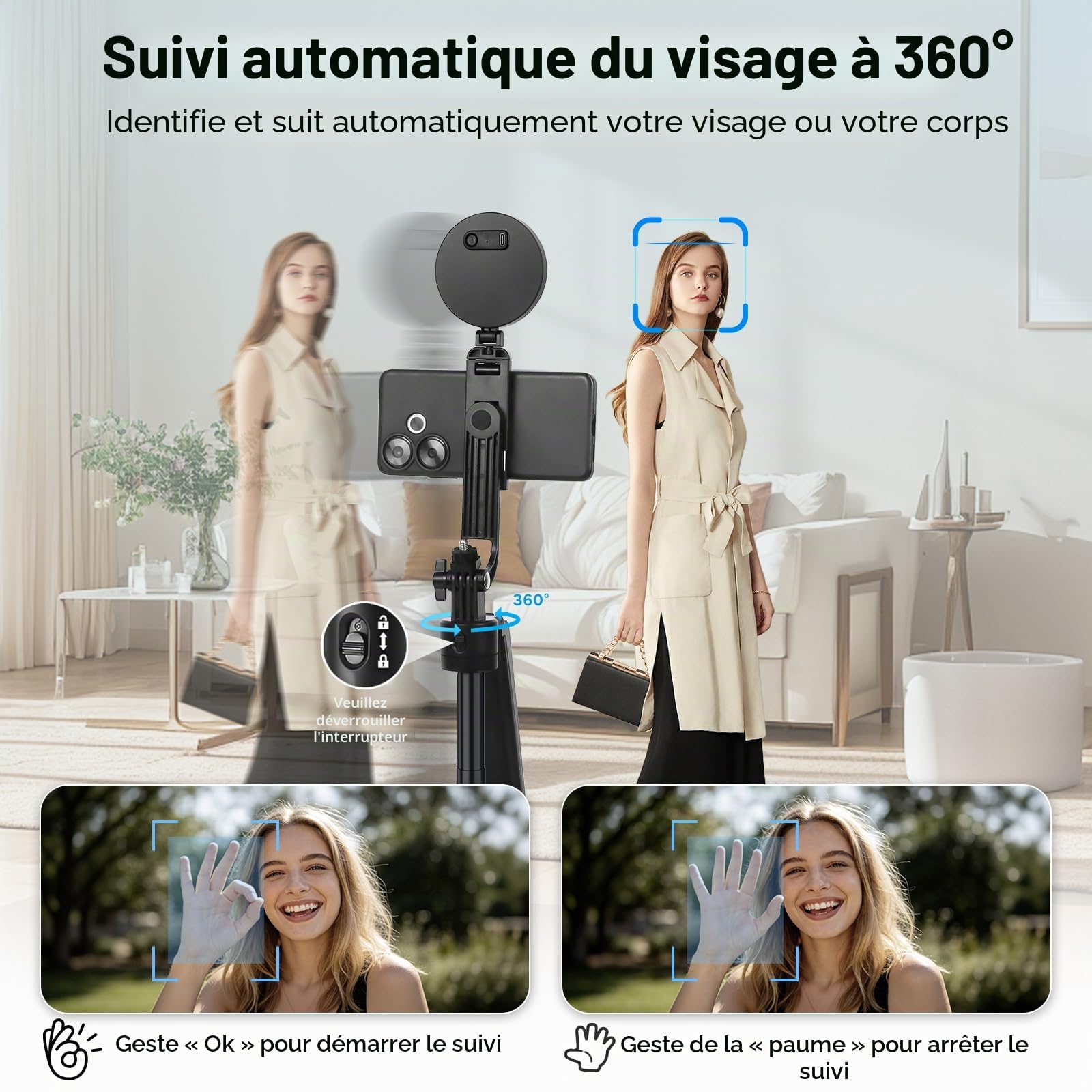 Kit de Vlogging pour iPhone/Android, trépied pour téléphone portable de 180 cm avec suivi automatique du visage, rotation à 360°, trépied pour téléphone portable et créateur de contenu avec lumière et