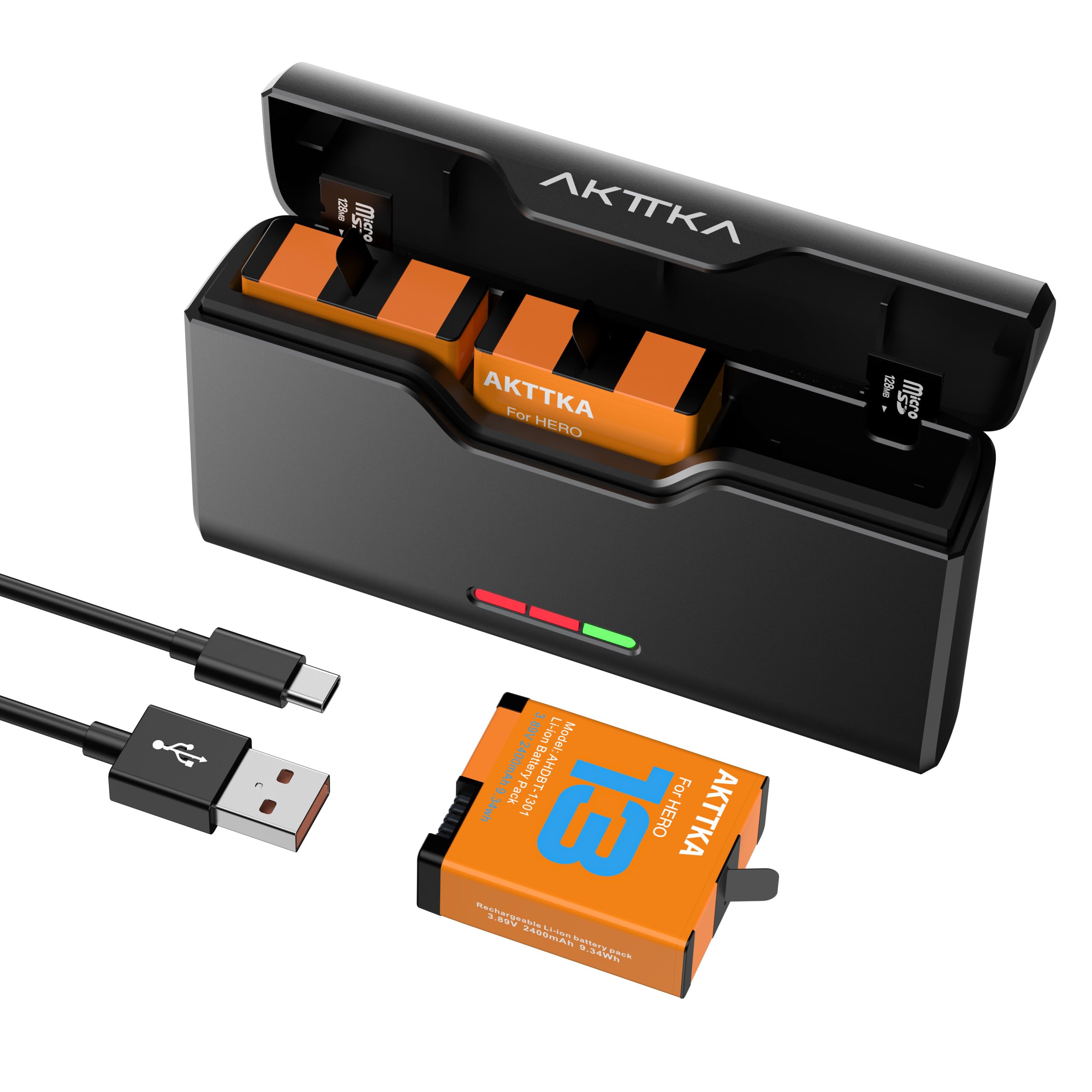 kit carica e memorizza 3 batterie 2400mah per go pro hero 13