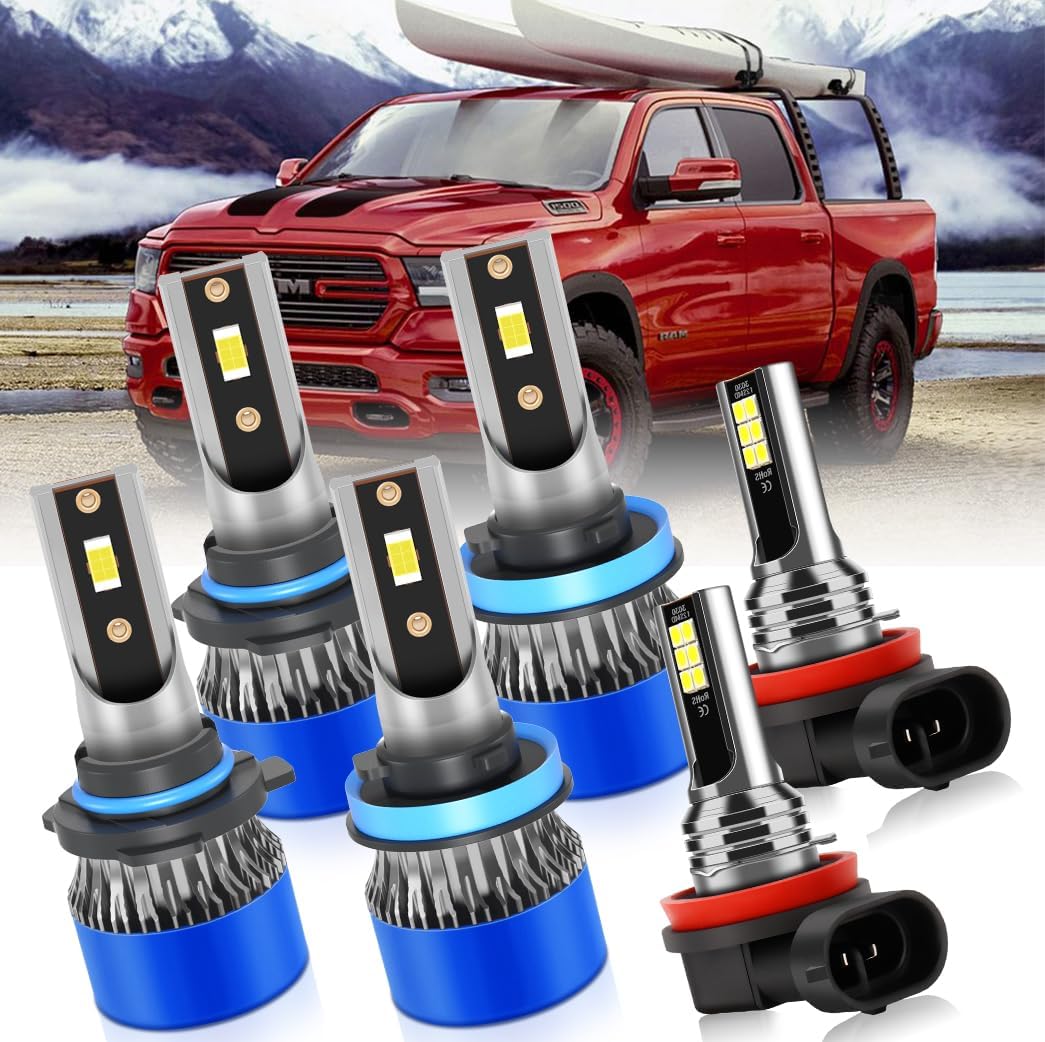 Led Light bulbs Combo Fit For Dodge RAM 1500 2500 3500 （without Projector, 2019-2023,9005 High Beam H11 Low Beam H11 Fog Lights,80W 22000LM Light Repalcement Bulbs 300% Brightness 6500K,Pack of 6