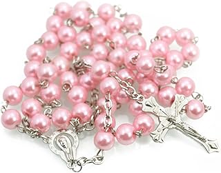 Rosary Beads Catholic for Woman Men Pink Crystal Beads Rosary Catholic Necklace Holy Medal Cross Crucifix Beads Necklace Vintage Religious Jewelry Baptismal Beads Christ Counting Bead Chain