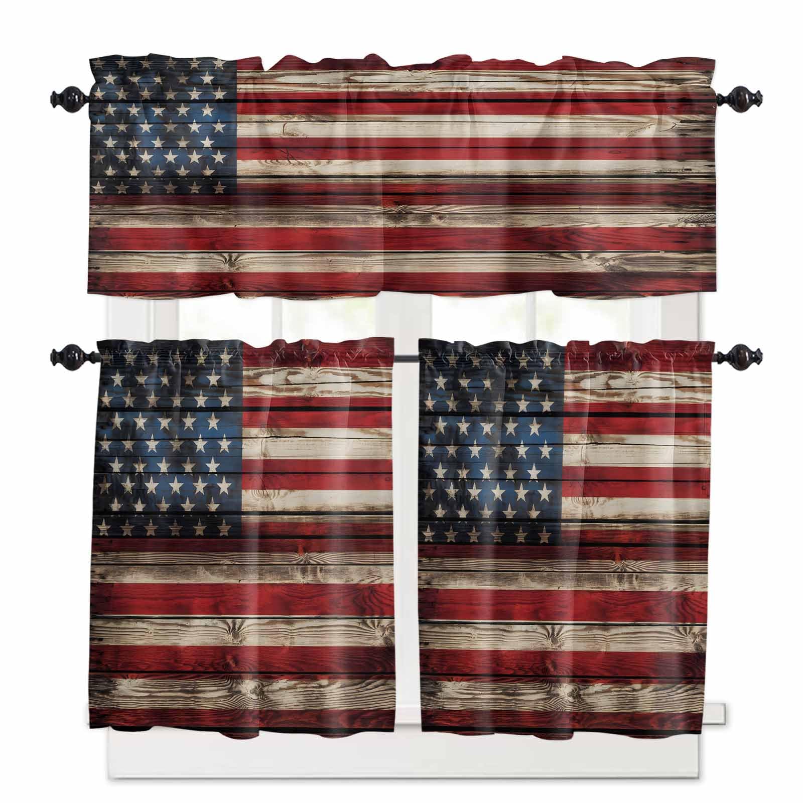 American Flag Kitchen Curtains 36 Inch Length,3 Piece Rod Pocket Small Half Tiers and Valance Set,Stars and Stripes Vintage Wooden US Flag Small Large Window Treatment Decor for Bedroom/Bathroom Sink