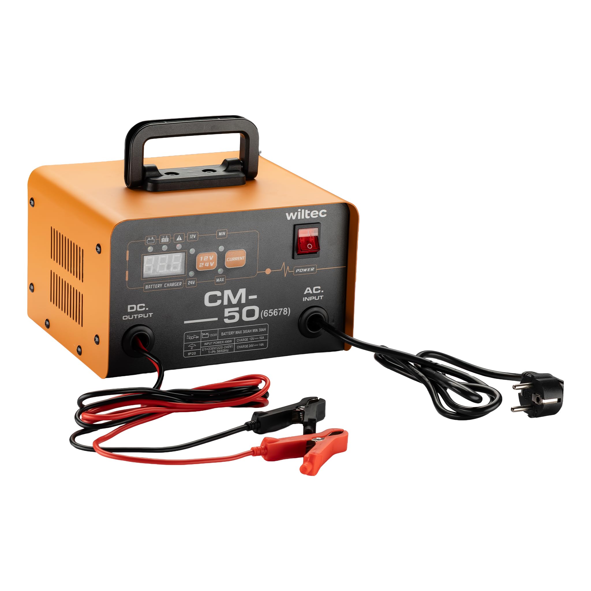 Wiltec Prostownik do auta 12-24 V, 16 Ah, 30-300 Ah do akumulatorów samochodowych i motocyklowych, rozruch 490 W, inteligentna ładowarka z wyświetlaczem LCD i uchwytem