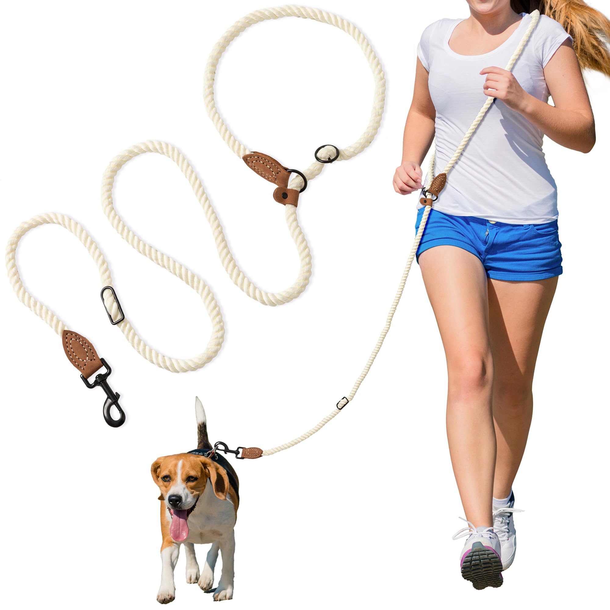 Mile High Life Hands Free Dog Leash, Crossbody Waist Leash with Genuine Leather Connection, Multifunctional Adjustable Slip Lead for Dog Walking Running (Cream, 7FT)