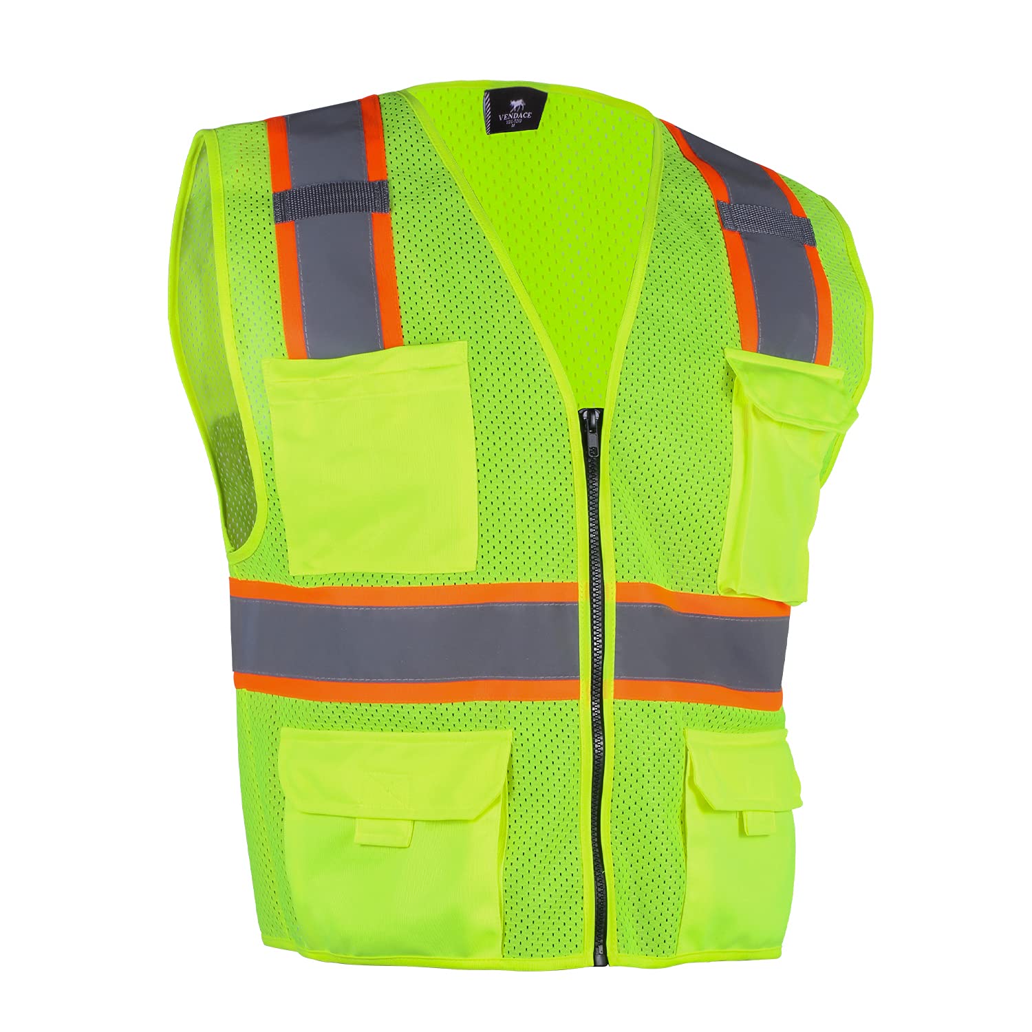 VENDACEHi Vis Safety Reflective Mesh Vest for Men ANSI Class 2 High Visibility Vest with 8 Pockets and Zipper