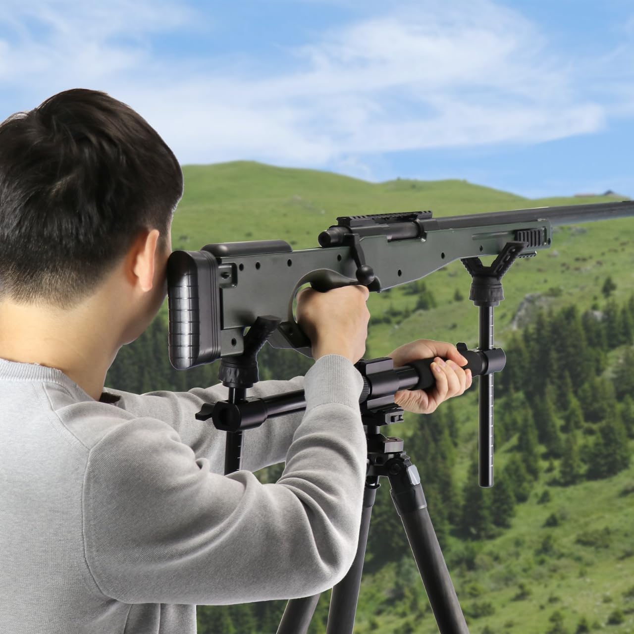 HUNTPAL Gun Rifle Shooting Rest Saddle Frame with Dual V Yoke Head - for Hunting Tripod Shooting Stick, Gun Holder with Arca-Swiss Capability, Level Vial, Adjustable Height and Length - Image 6