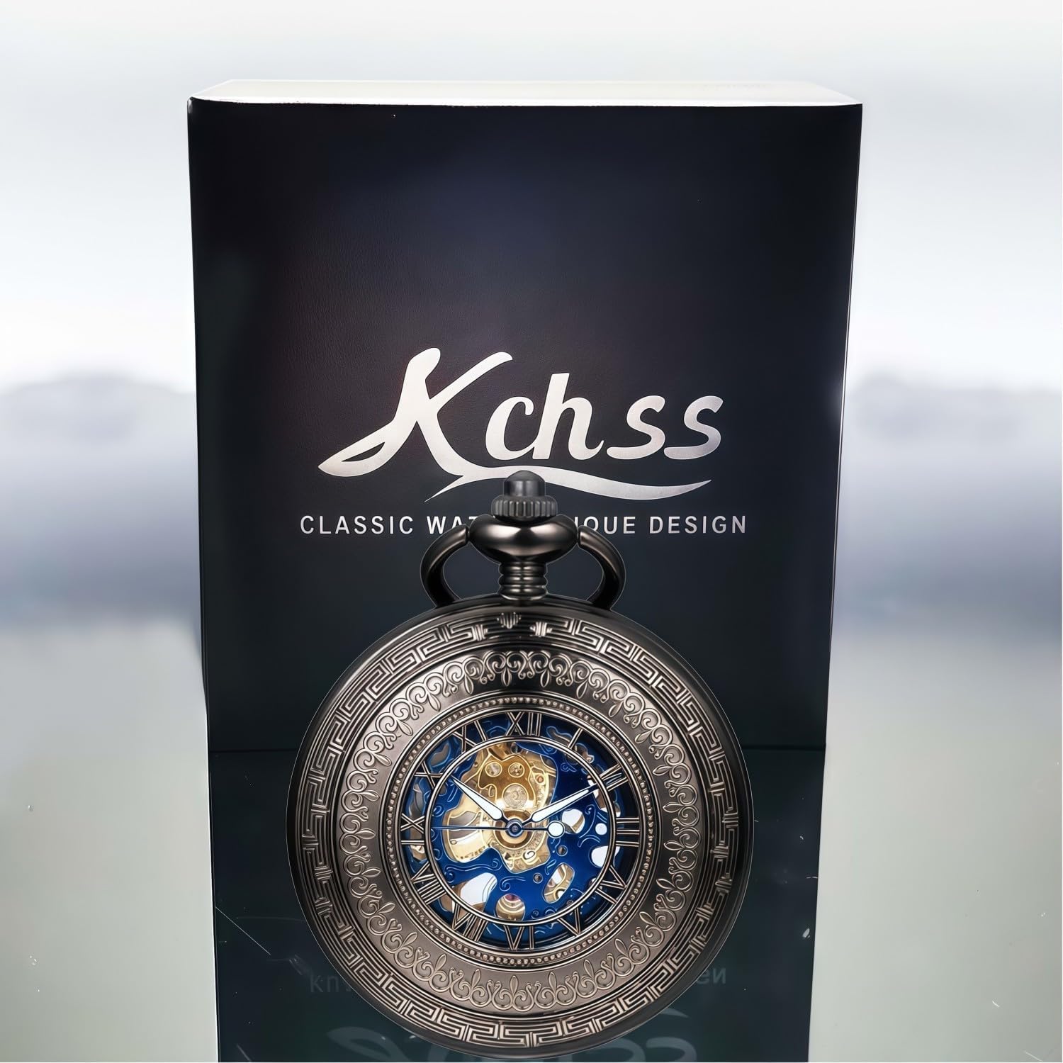 Steampunk Pocket Watch Skeleton Mechanical Gear Hand-Wind Roman Numerals Antique Chain Mens