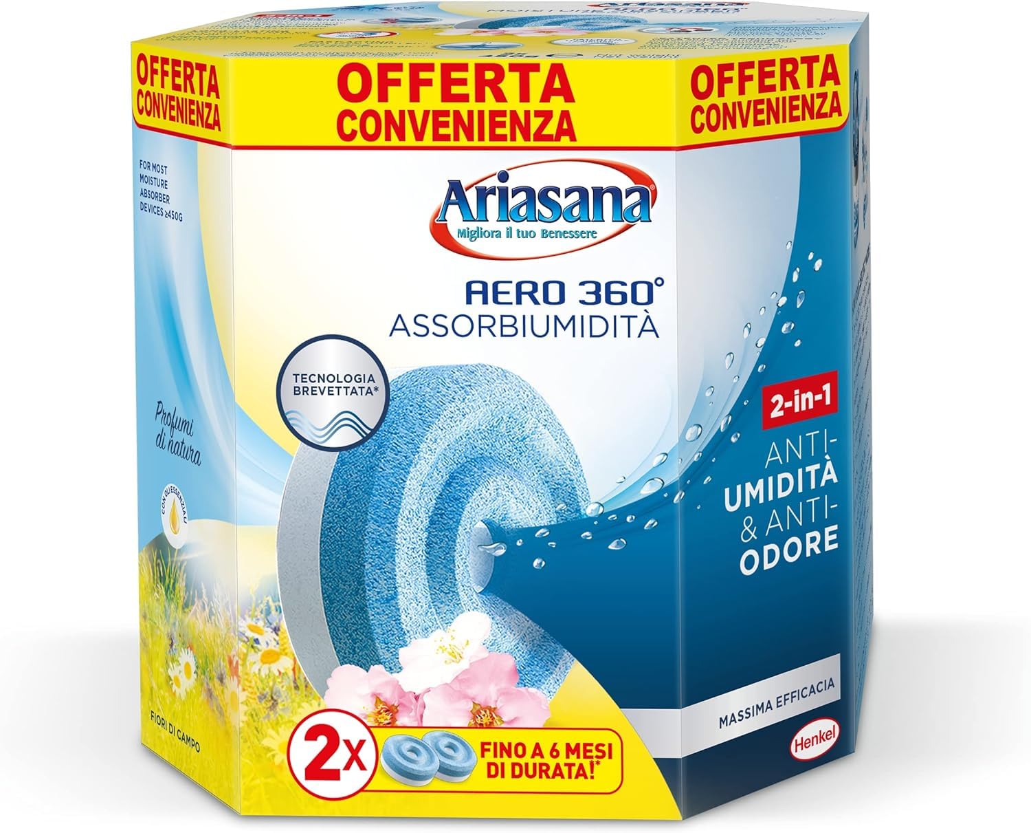 Ariasana Tab Fiori di Campo Bipack 2x450g, Ariasana Aero 360 Ricarica Antiumidità, Cattura umidità dal Profumo Floreale, Ricarica Aero 360 Tab a Lunga Durata, 1 Confezione da 2 Tab