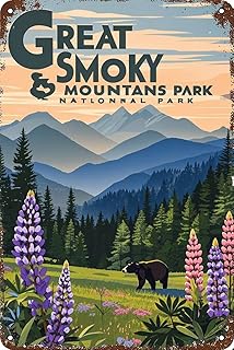 Big Smoky Mountain National Park Tennessee Bears And Flowers Chic Art Wall Retro Decor Unique Artistic Tinplate Plaque Practical Decorative Gifts for Family Friends Tin Sign 8x12 Inch