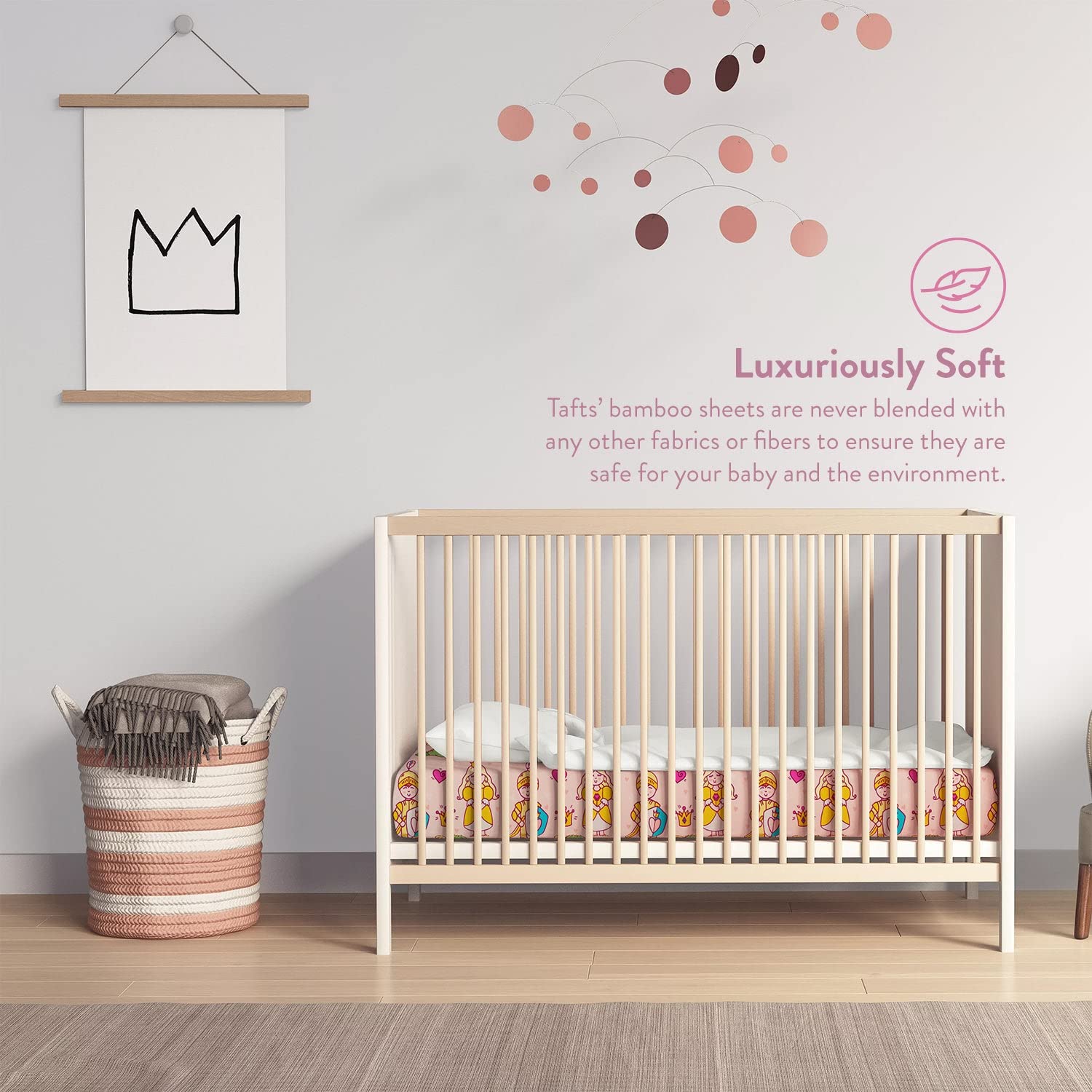TAFTS Sábana de bambú para cuna ajustada, para niñas y niños y unisex, 100% bambú orgánico para colchón estándar de cuna y niño, súper suave, fresco, elástico de 360, (princesa de 28 x 52 pulgadas)