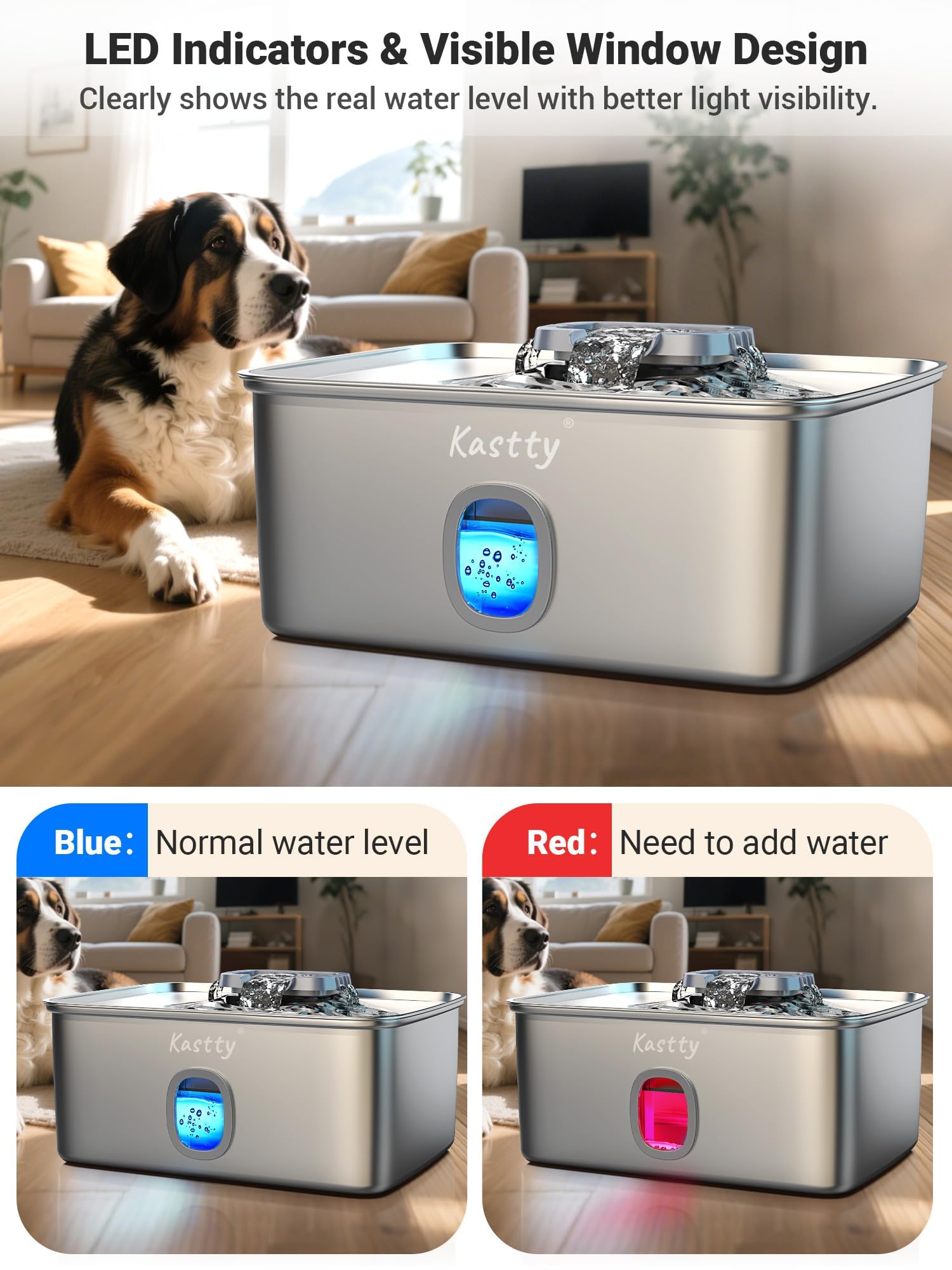 Kastty 4 Gal Dog Water Fountain for Large Dogs,15L Stainless Steel Dog Water Bowl Dispenser Triple Filtration,Ultra Quiet Automatic Pet Water Fountain with Water Level Window and LED Light(FS76) - image 5