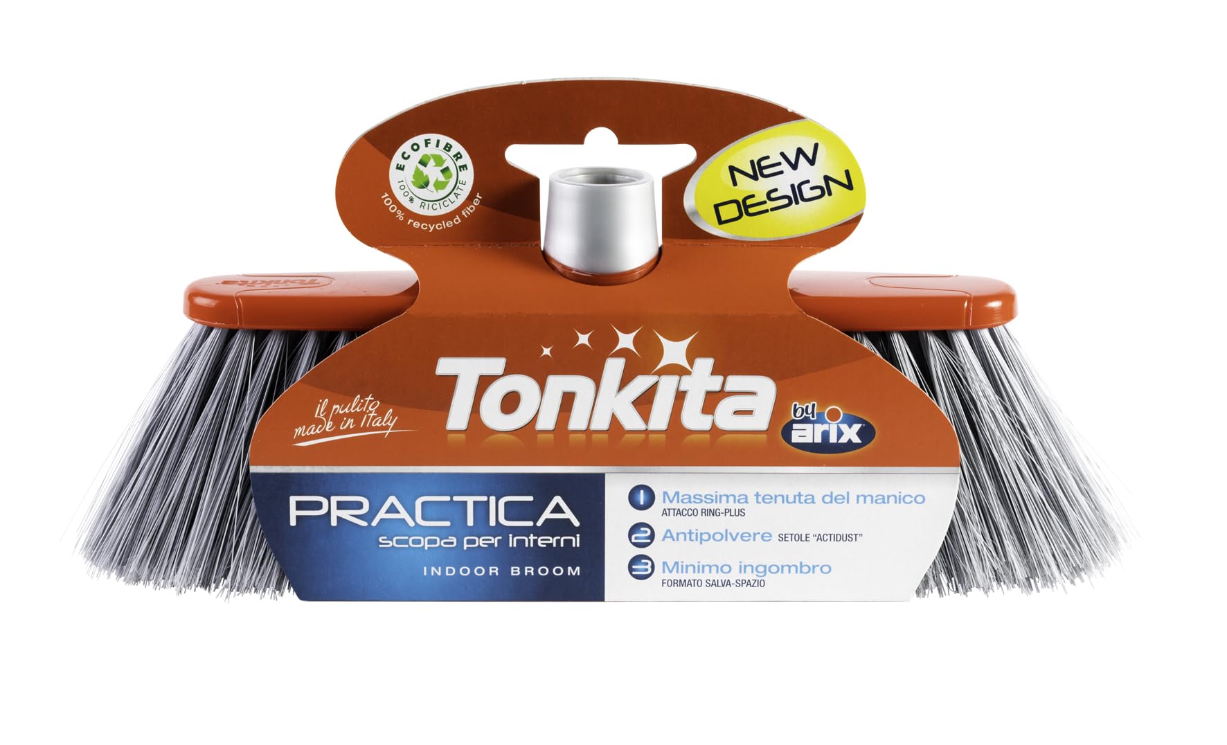 TONKITA Scopa per Spazi Interni con Bordo Paracolpi Setole Fitte e Inclinate Materiale Riciclato Made in Italy