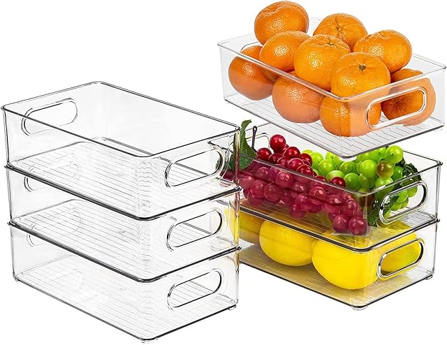 AEIWUMOK Fridge Organisers Set of 6, Pantry Kitchen Storage Boxes Container with Handle,Transparent Stackable Storage Box Bins Organiser,Ideal for Kitchens,Fridge,Cupboard - BPA Free