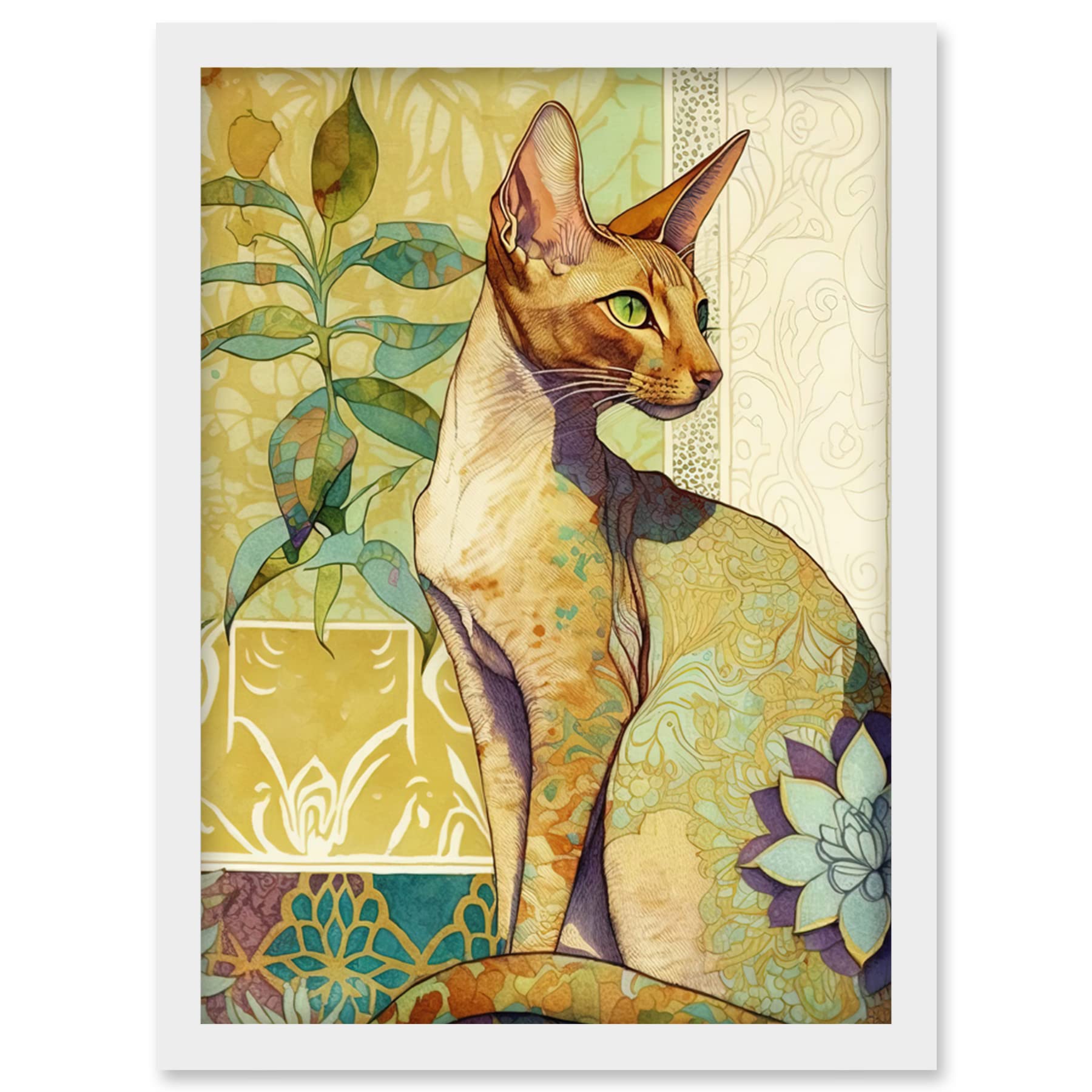 Artery8 Oriental Shorthair Cat with Art Nouveau Botanical Patterns Colourful Watercolour Illustration Artwork Framed Wall Art Print A4