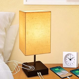 Dimmable 3-Way Touch Control Bedside Lamp,Cotanic Modern Table Lamp with USB Charging Ports,Square Fabric Linen Lampshade,Decorative Nightstand Lamps for Bedroom,E26 LED Bulb Included
