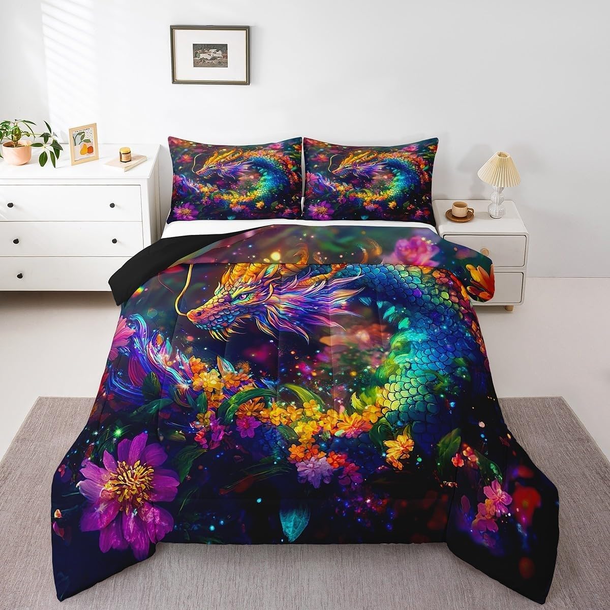 Couette chaude dragon coloré 240x260 grand lit lavable en machine