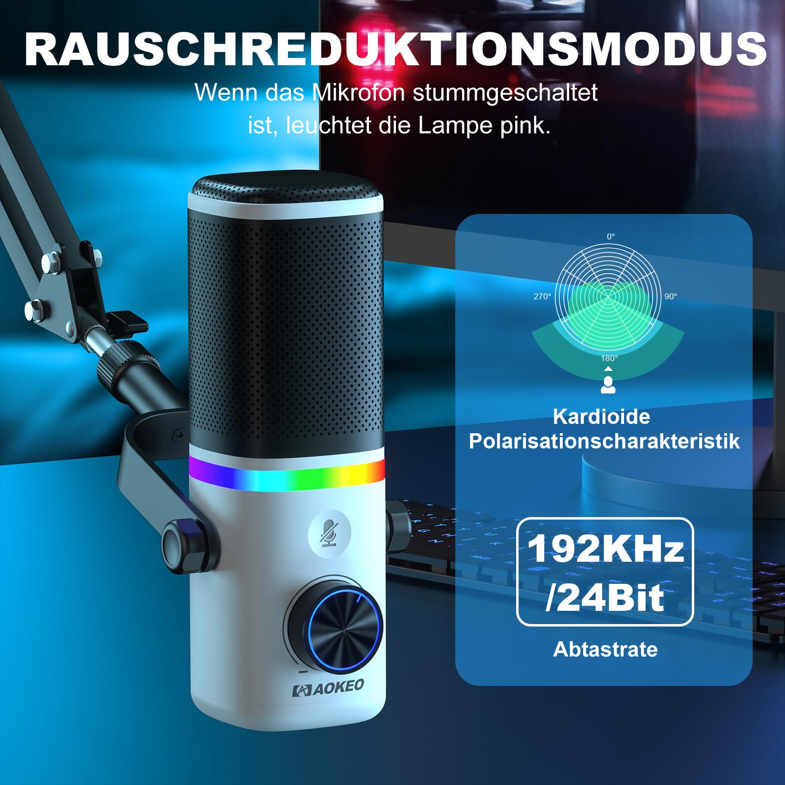 aokeo Mikrofon PC mit Mikrofonarm,AK-10 USB/XLR Dynamisches Gaming Mikrofon für Podcast,Streaming mit RGB-Beleuchtung,Lautstärkeregler,Stummschalttaste und Rauschunterdrückung (Weiß)