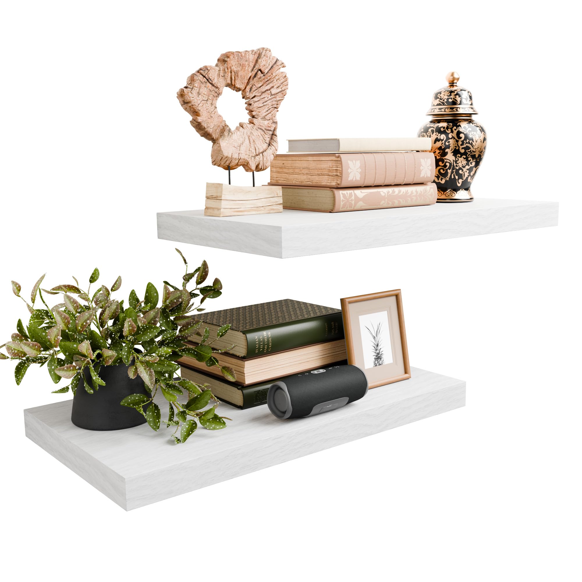 White 24 Inch Rustic Floating Shelves for Wall, Wooden 12 Inch Deep Floating Shelves Set of 2, Wall Shelves for Bathroom over Toilet, Live Edge Display Shelf with Invisible Brackets for Home Decor