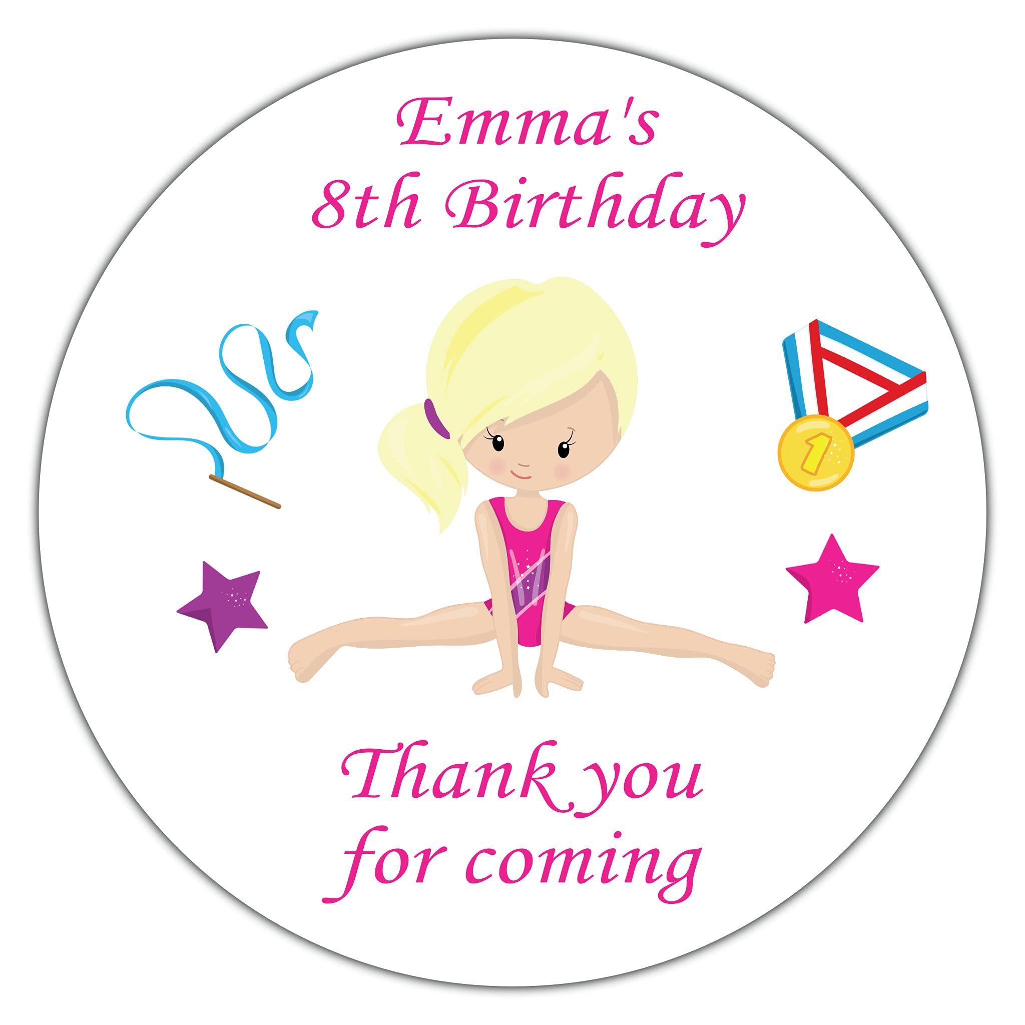 Personalised Birthday Party Stickers for Gift Sweet Bag Gymnastics Girl (6 x Round 88mm X Large, Blonde Hair)