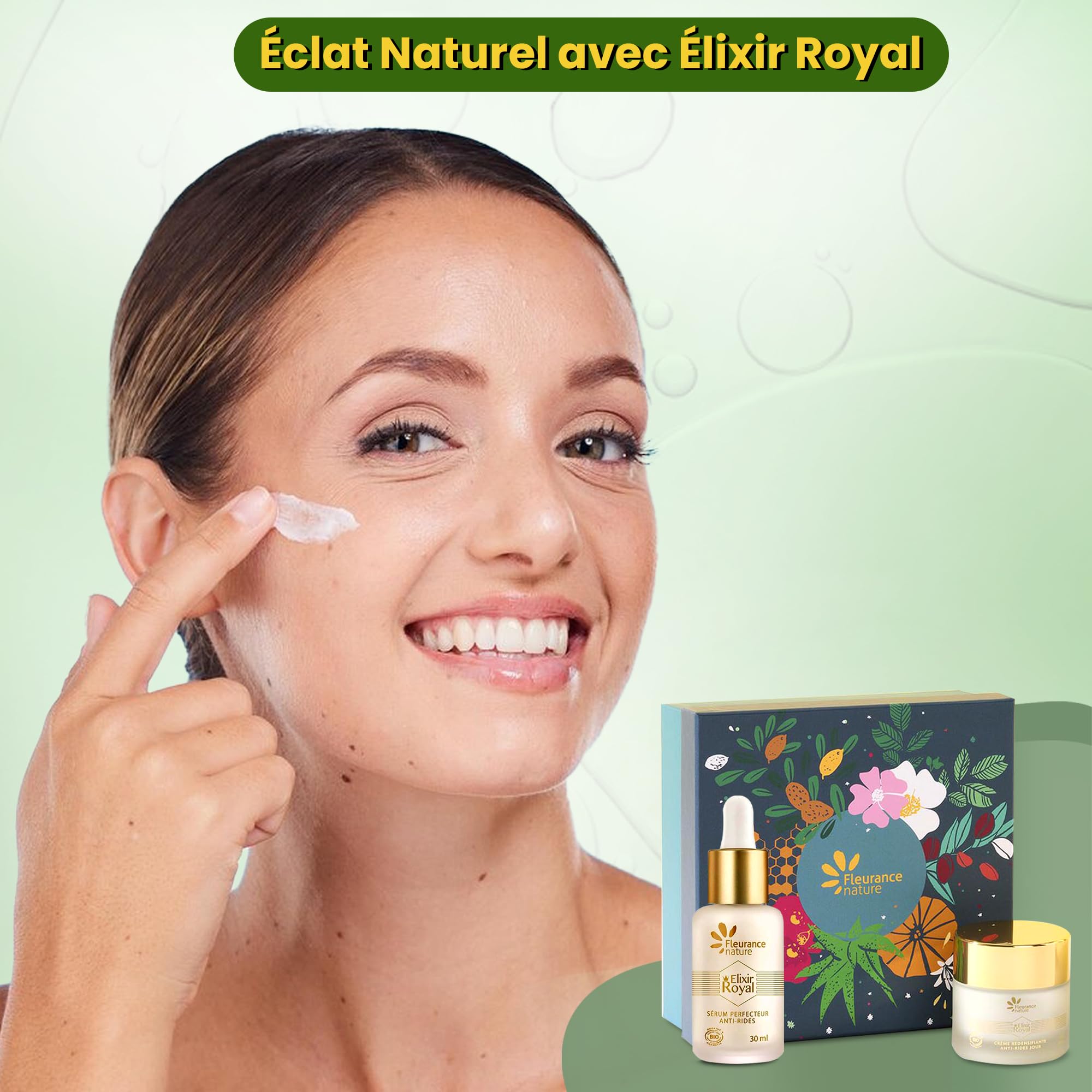 Fleurance Nature, Zestaw Elixir Royal, prezent do pielęgnacji twarzy dla kobiet, kosmetyki organiczne z certyfikatem ecocert, piękno kobiety, serum i krem do twarzy