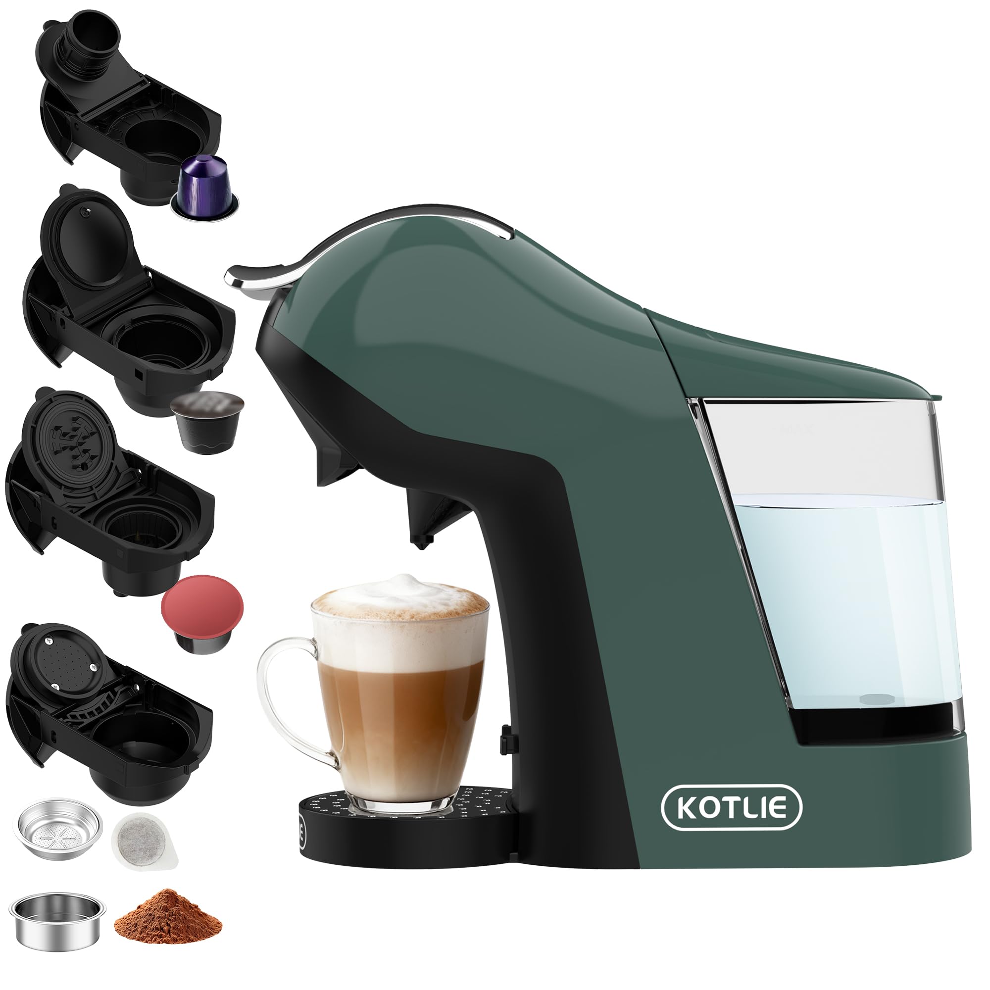 KOTLIE Machine à Café 5-en-1 Multi-Capsules, Moulu & ESE. Réservoir 1L,Vert