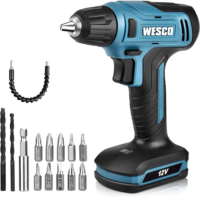 Electric Screwdriver, WESCO 12V Cordless Drills, 0-850 /min 12 N.m Cordless Screwdriver, Cordless Drill 10mm Chuck Capacity, Electric Screwdrivers Cordless with 14 Drill bits