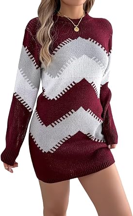 Mini Women Sweater Dress Color Block Casual Fall Long Sleeve Knit Crewneck Short Dresses