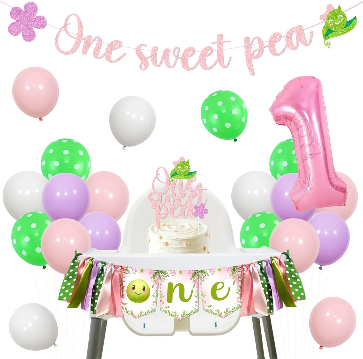 One Sweet Pea Birthday Decorations Pink, Sweet Pea Themed 1st Banner High Chair Banner and Cake Topper Latax Ballons and Number 1 Foil Ballon Kit for Pea First Birthday Party Supplies