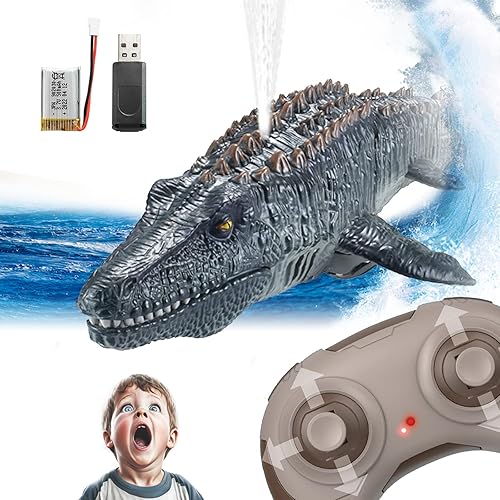 BUAOB Juguetes de piscina de dinosaurio con control remoto, 2.4 G RC Mosasaurus Boat Shark Juguetes con agua ligera y rociadora para niños y niñas