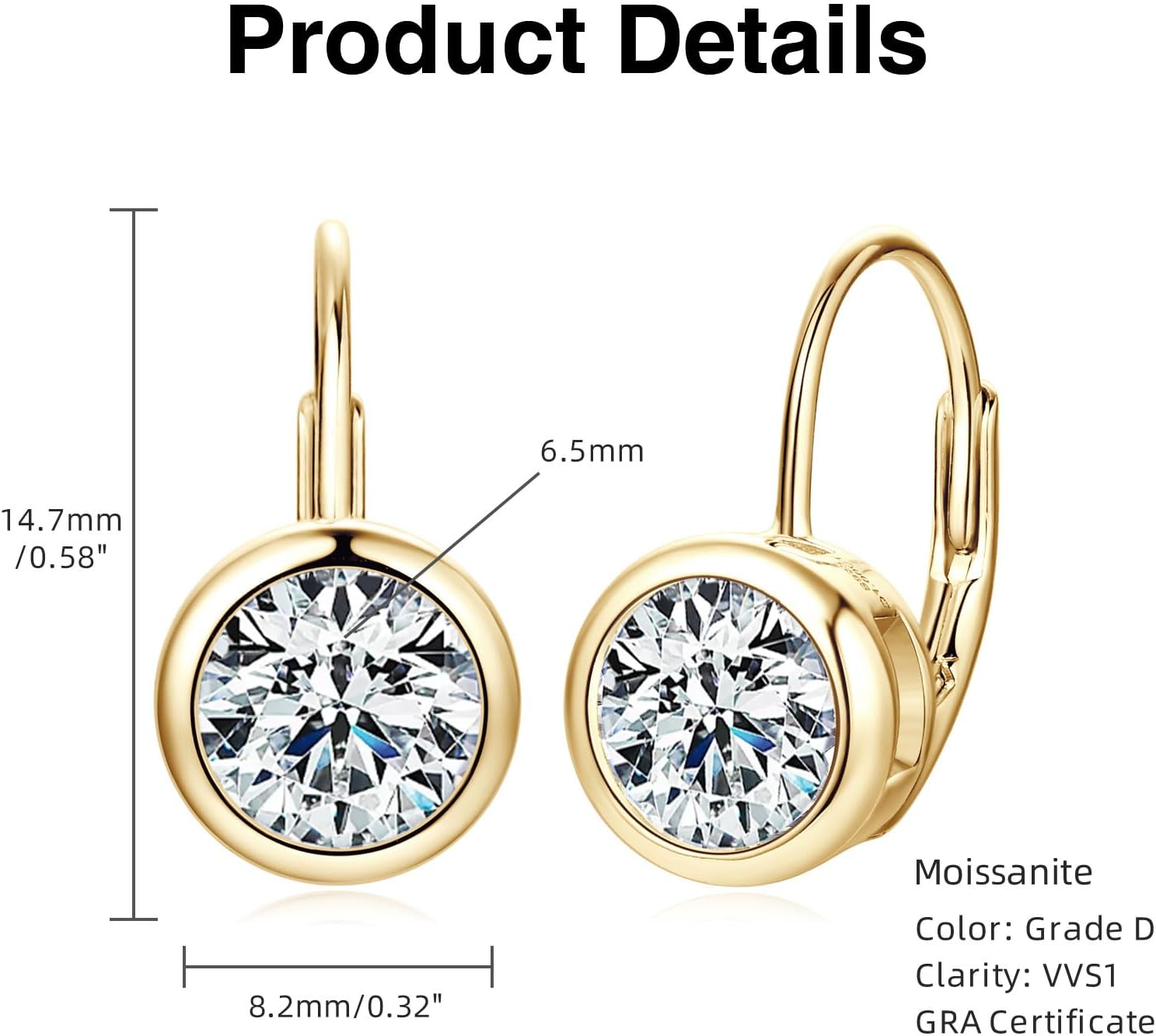 Moissanite Hoop Earrings, 925 Sterling Silver Hypoallergenic Bezel Set Leverback Drop Earrings for Women, D Color VVS1 Lab Created Imitation Diamond Round Cut Jewelry Gifts - Image 6