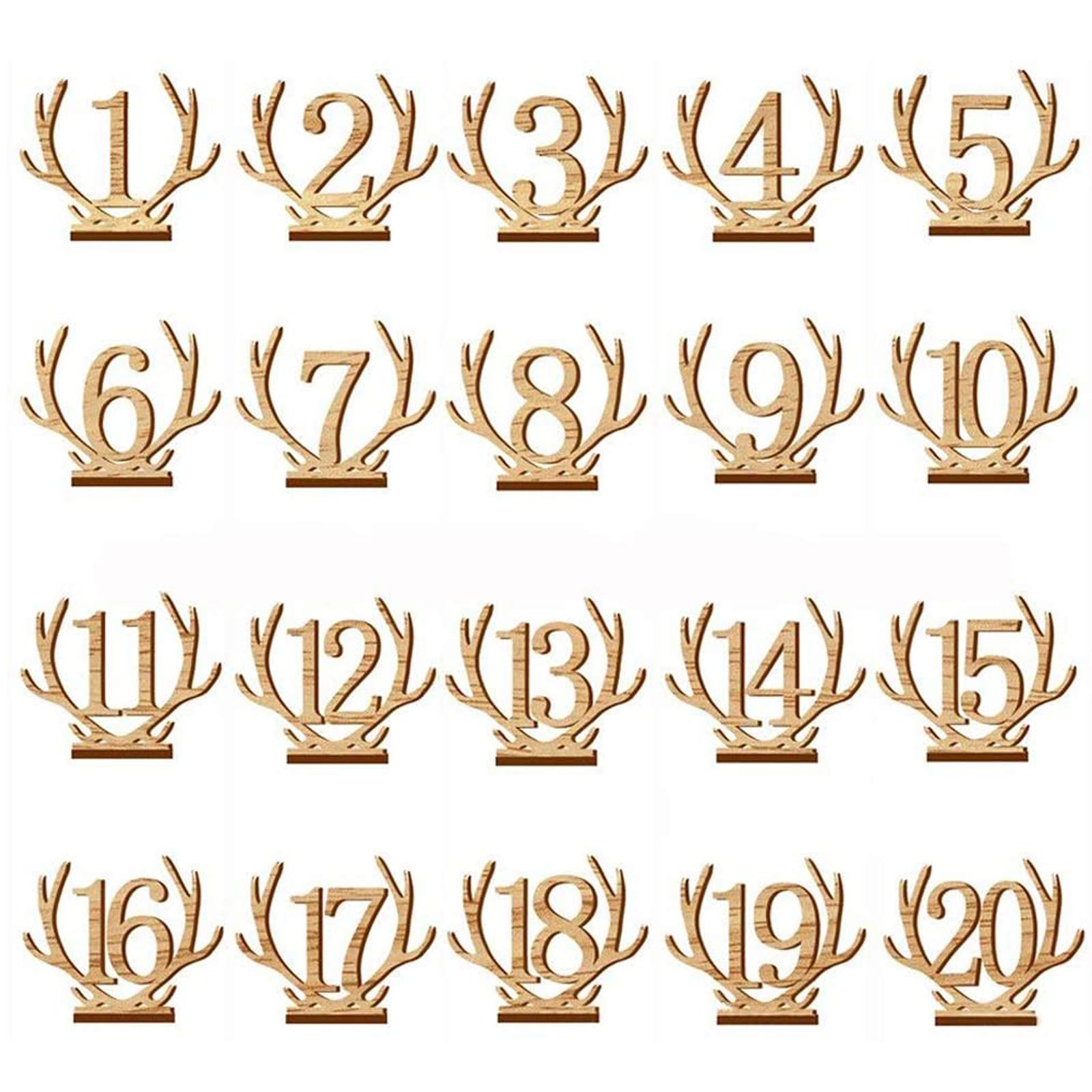 ARTSTORE Wooden Table Numbers, 1-20 Antler Shape Deer Horn Wedding Table Numbers with Holder, Base Reception Stands Décor Perfect for Wedding, Party, Events or Catering Decoration