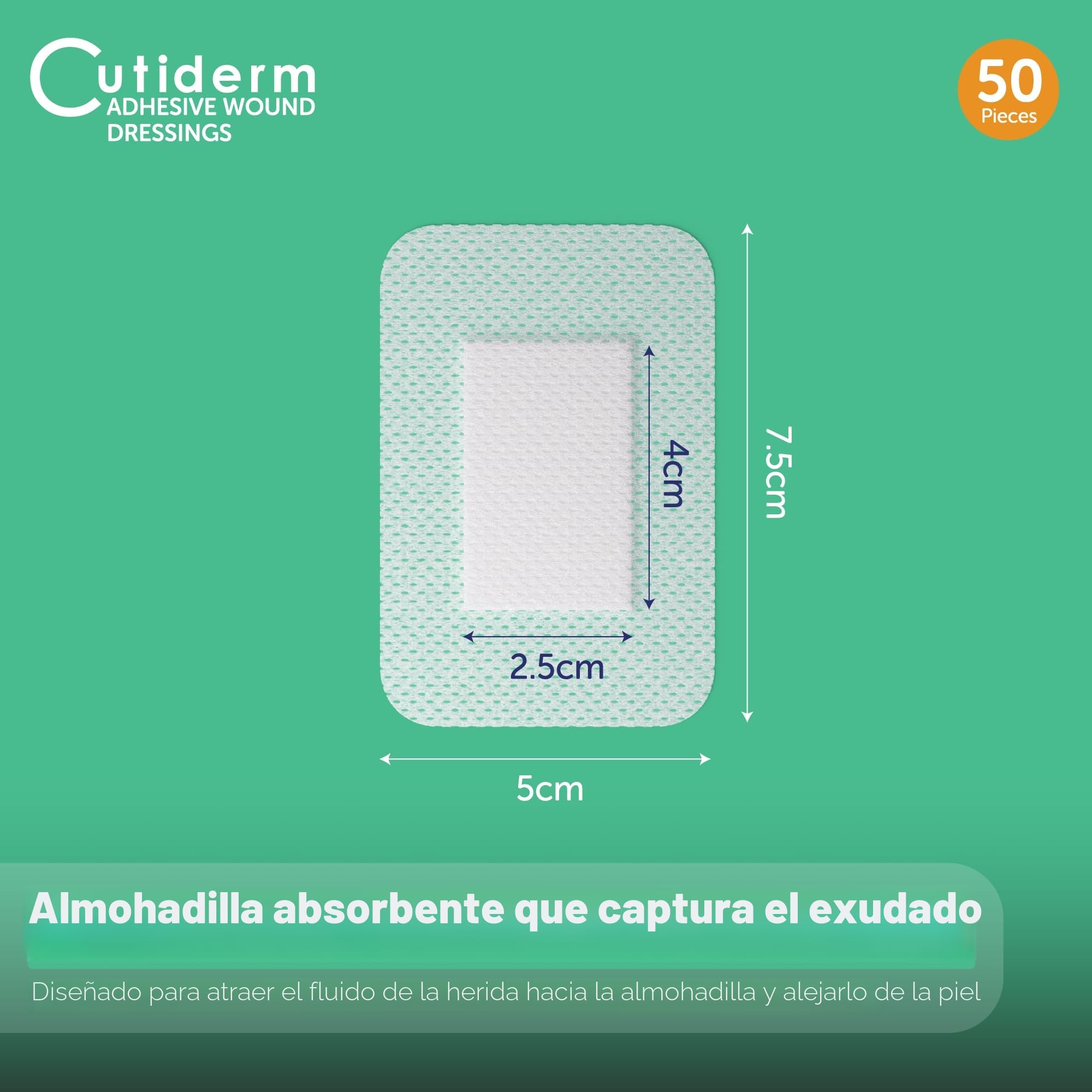 Cutiderm Apósito adhesivo estéril para heridas, 5 cm x 7,5 cm, caja de 50