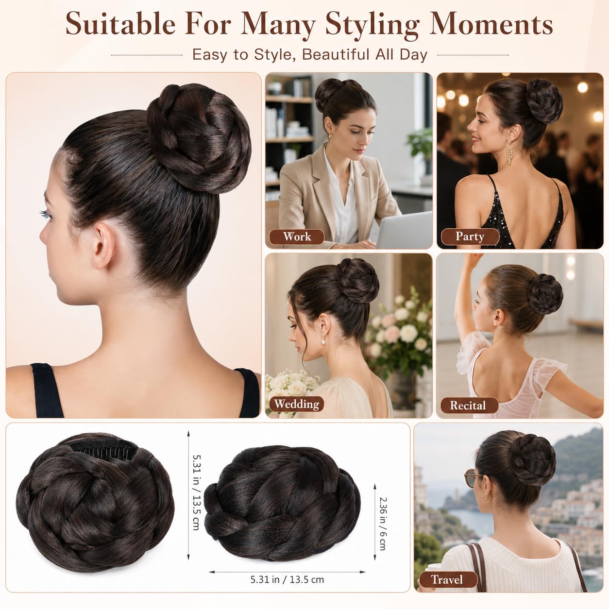 Kallory Braid Bun Hair Piece with Claw Clip, Synthetic Braided Chignon Extension for Women, Easy DIY Ponytail Bun Wig for Short Hair, Adds Volume and Fullness, Dark Brown, 5.31 x 5.31 x 2.36 in