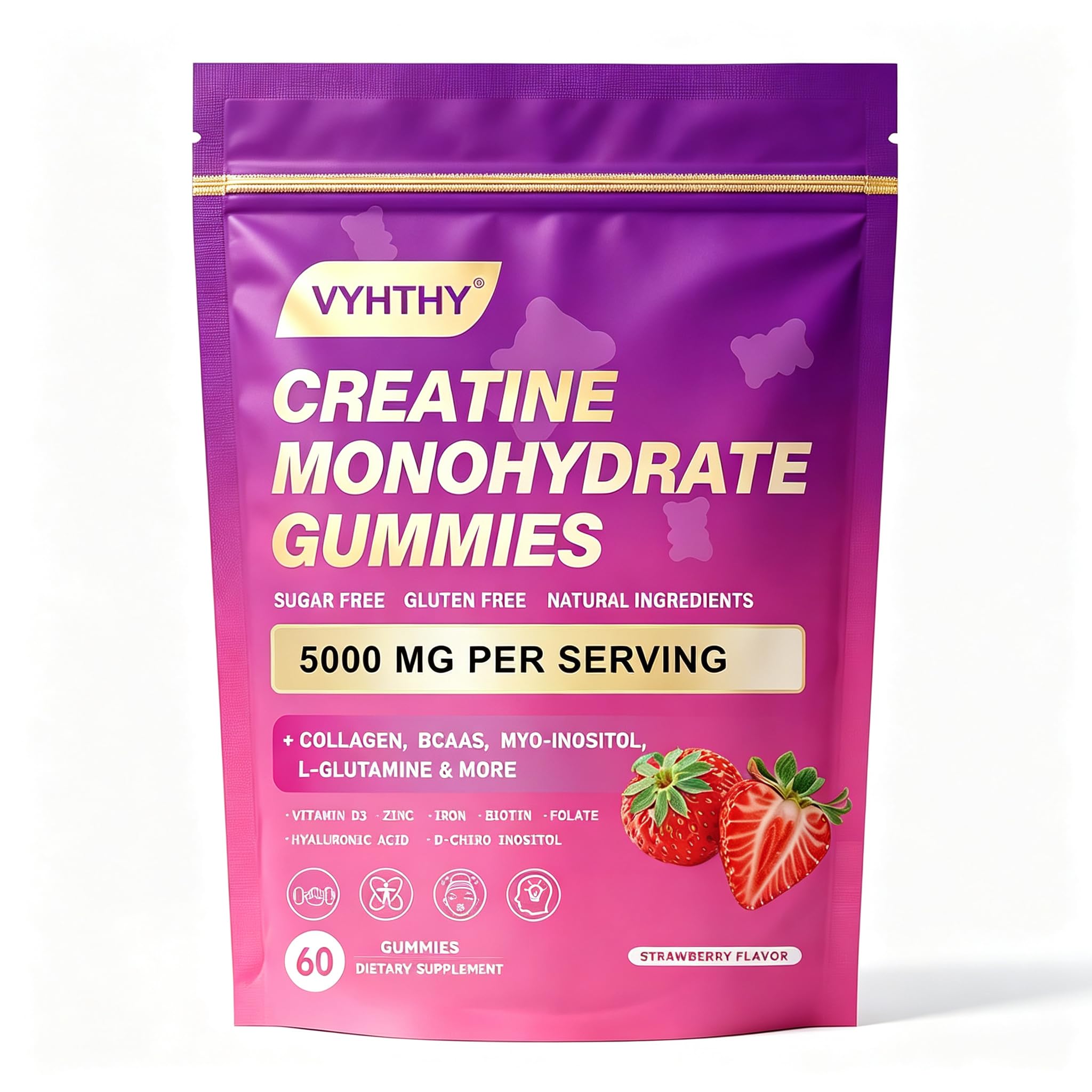 Creatine Monohydrate Gummies – with Collagen, BCAAs, L-Glutamine, Biotin, Zinc, Vitamin D3 & Hyaluronic Acid – Daily Pre & Post Workout Recovery, Sugar-Free -60 Count