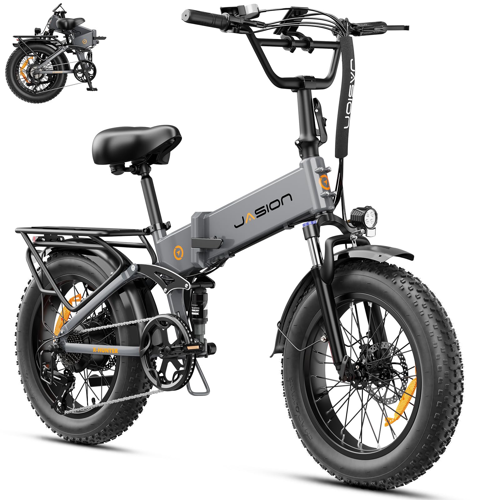 Jasion X-Hunter Electric Bike for Adults,1400W Peak Motor 30MPH Max Speed,48V 13AH Removable Battery, Full Suspension System Design,20''*4.0 Fat Tire Foldable Ebike 7-Speed Bicycles