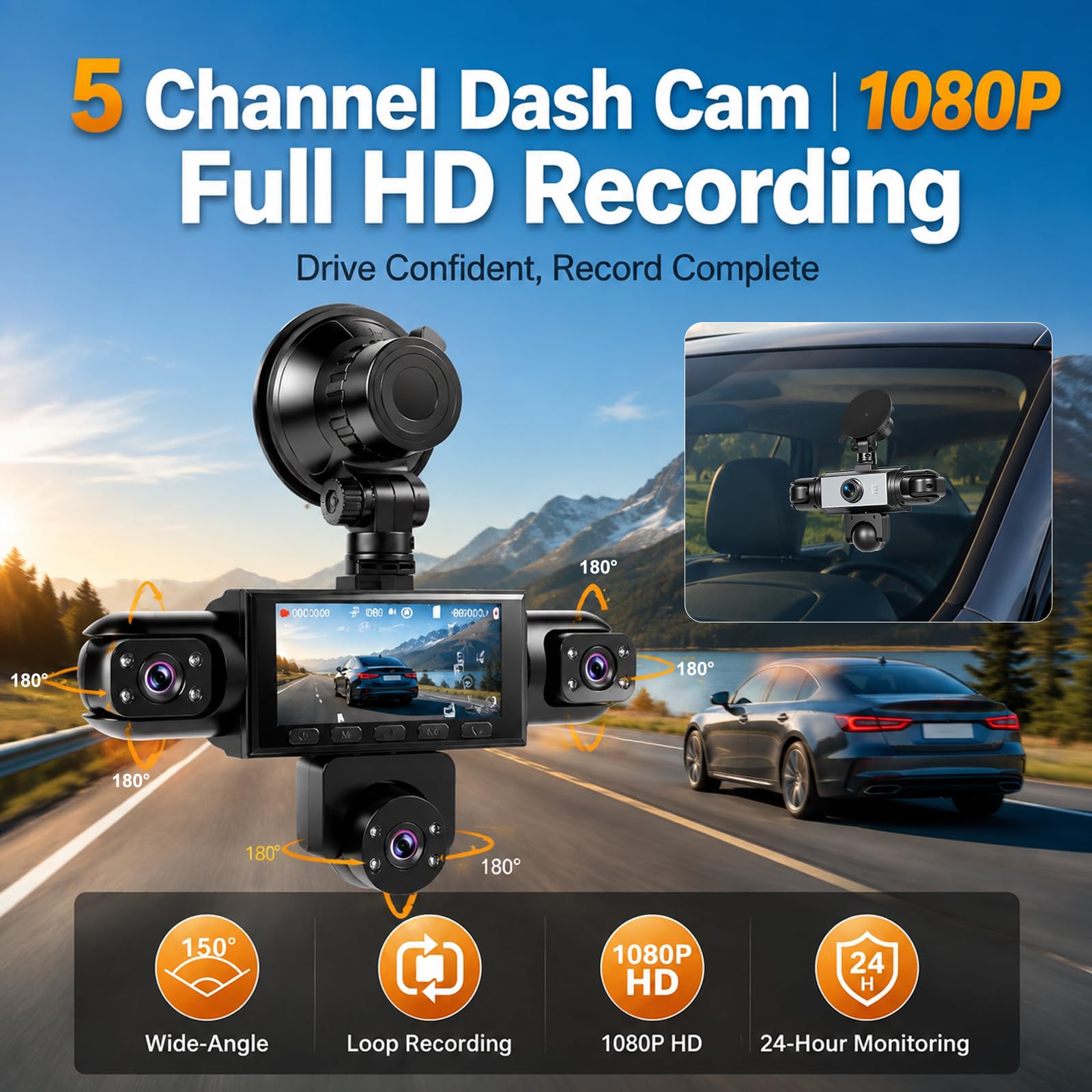 NHOPEEW Dash Cam 1080P, 3,16", 5 Canali, Registrazione Ciclo | Dashcam Auto Supporto Registrazione 24h, Modalità Multiple, Display Retromarcia, Grandangolo + Scheda SD 64GB