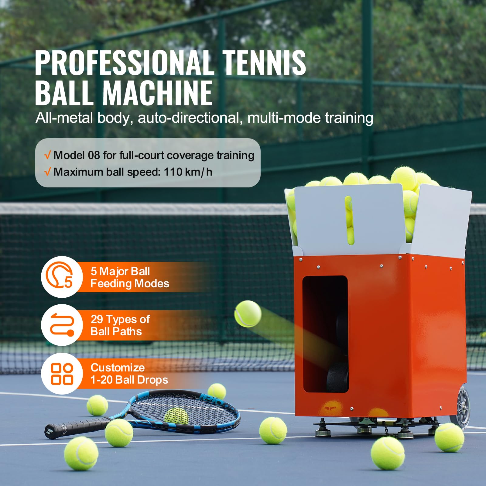 Happybuy Tennis Ball Machine, Automatic Portable Launcher, 100 Balls, 5 Motors Multi-Mode Drills, 2+ Hours Play, Rechargeable Battery, App Remote Control