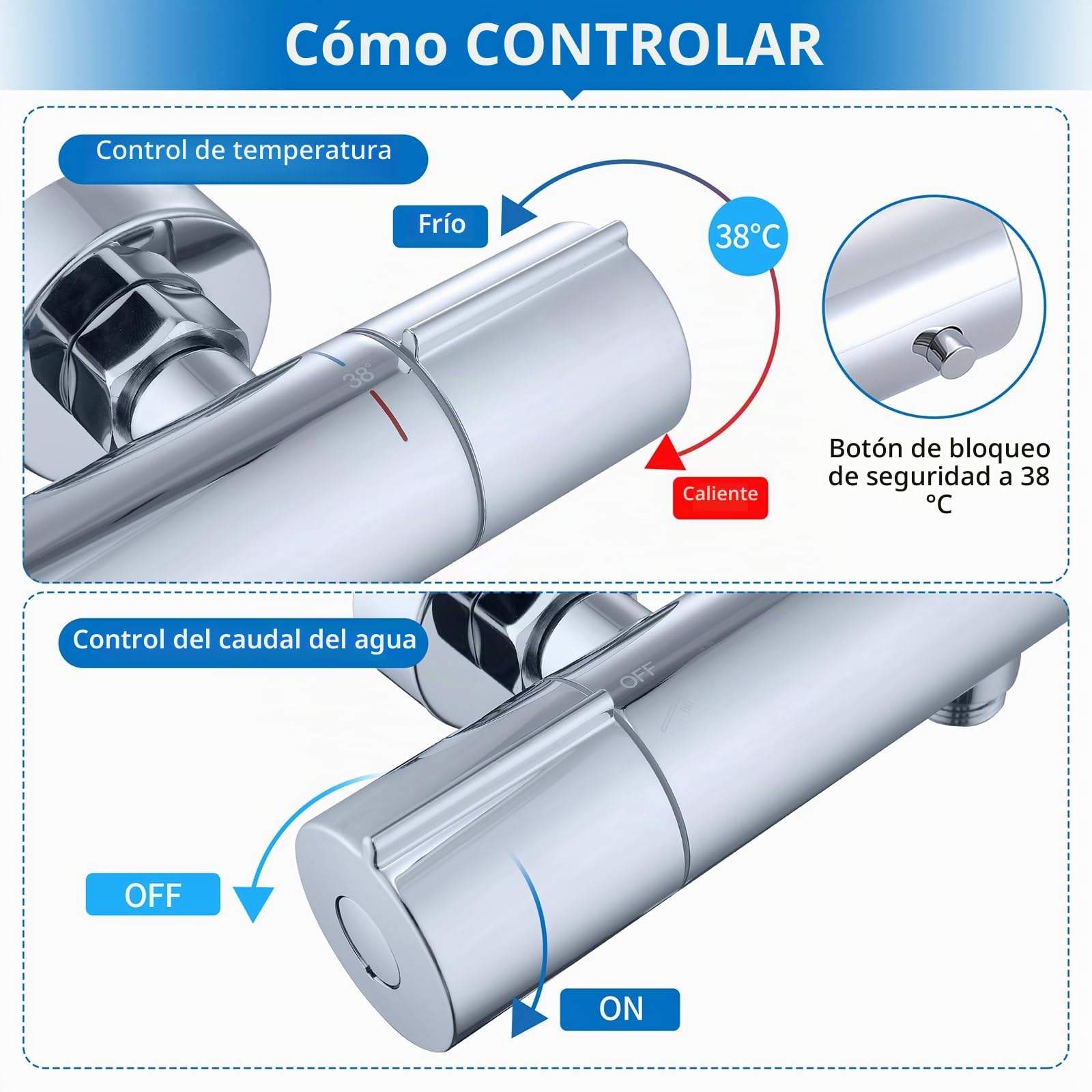 HOMELODY Grifo de ducha con termostato – Grifo mezclador de pared con botón de seguridad de 38 °C, cromo, grifo mezclador de ducha, termostato, de acero inoxidable