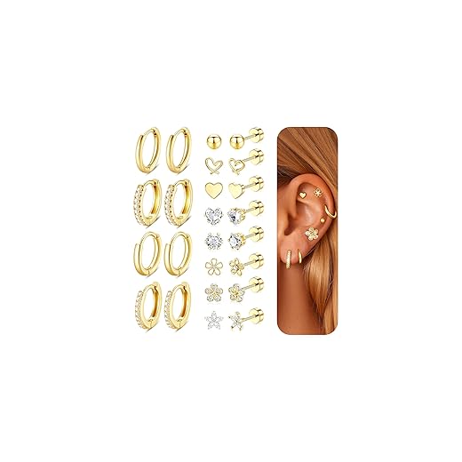 Hypoallergenic Gold Stud Earrings for Women Girls- 14k Gold Plated Surgical Stainless Steel Flat back Earrings Set Small Huggie Hoop Flatback Earring for Sensitive Ears Screw Back Cartilage Piercing Jewelry