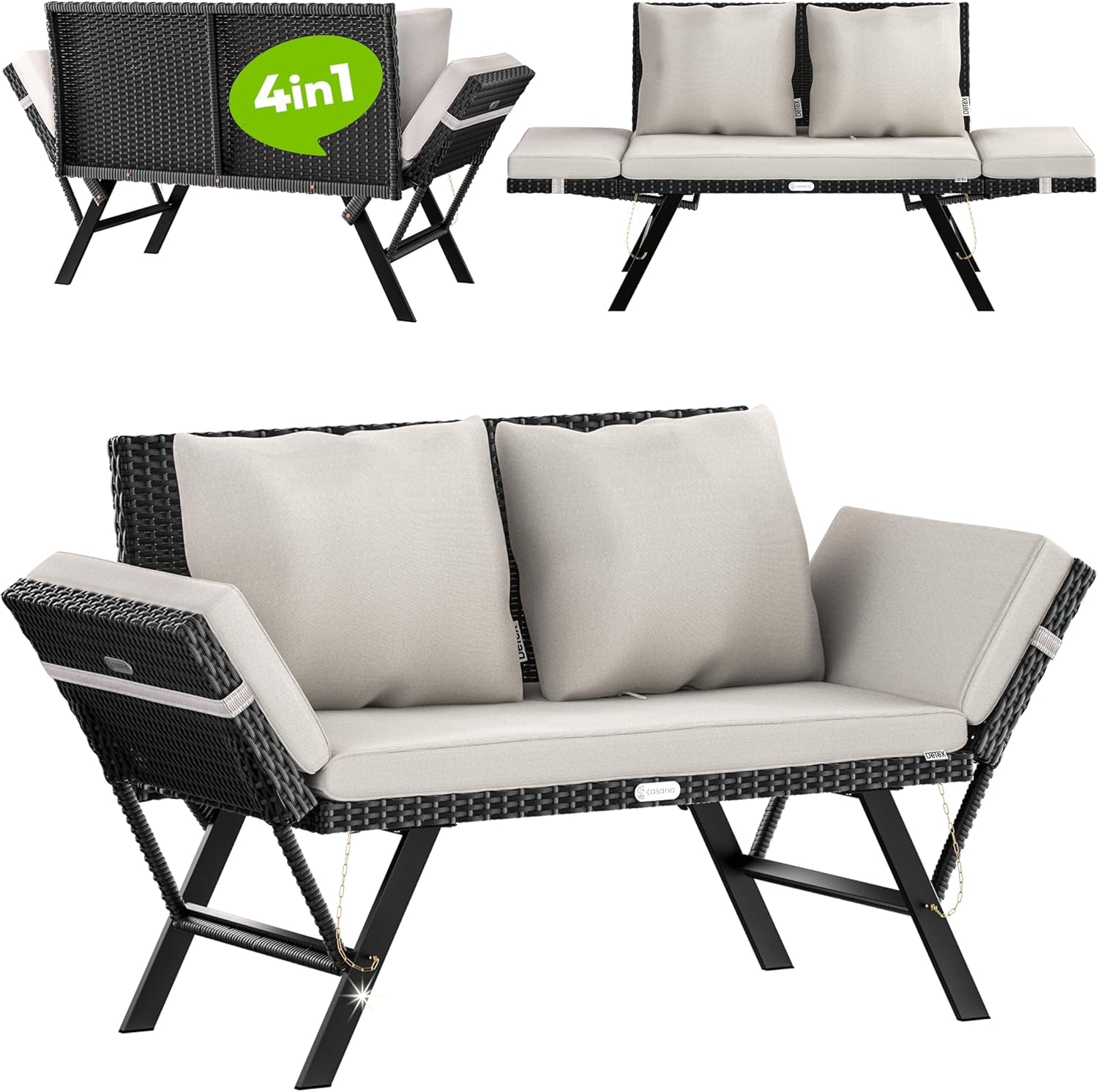 CASARIA® Polyrattan Garden Bench With Reclining Function | Includes Cushion | Adjustable Armrests | Weatherproof Outdoors Patio Terrace Balcony Sofa Couch Lounger | Black — image 1