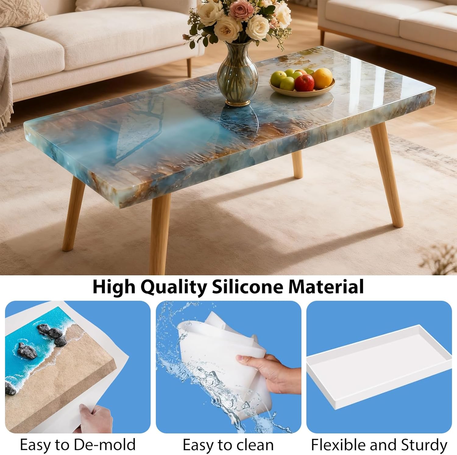 Extra Large Table Silicone Resin Molds for Epoxy Resin Square, 23 inch Rectangular Epoxy Resin Molds for Art Home Decor, DIY Artwork, Office Home Decoration & Floral Preservation Bouquet Mold