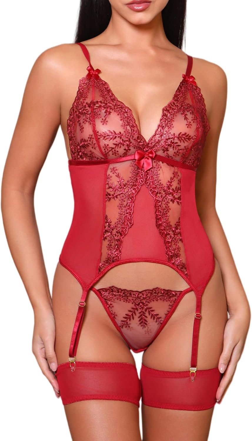 Women's Lingerie Sexy Corset Bodysuit with Garter Set