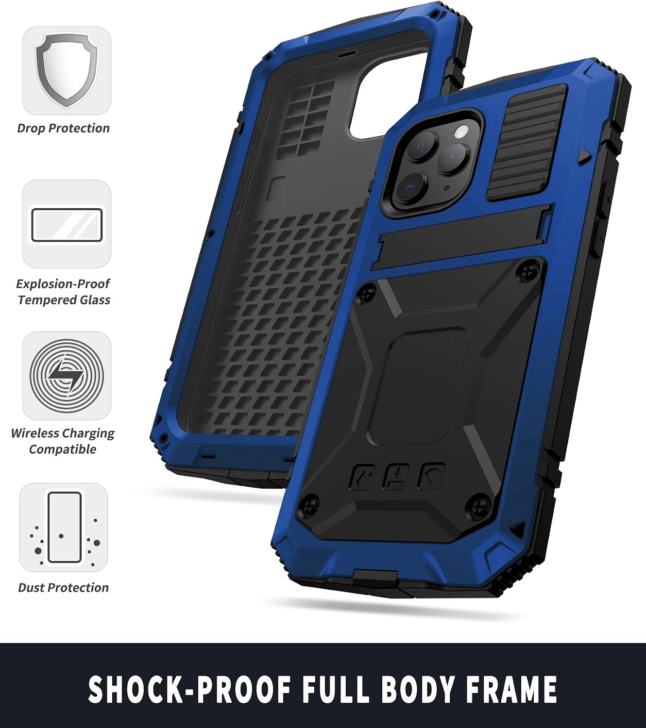Simicoo Compatible with iPhone 12 6.1 Metal Case with Screen Protector Military Rugged Heavy Duty Shockproof Case with Stand Full Cover case for iPhone 12 6.1 (Blue, iPhone 12 6.1)