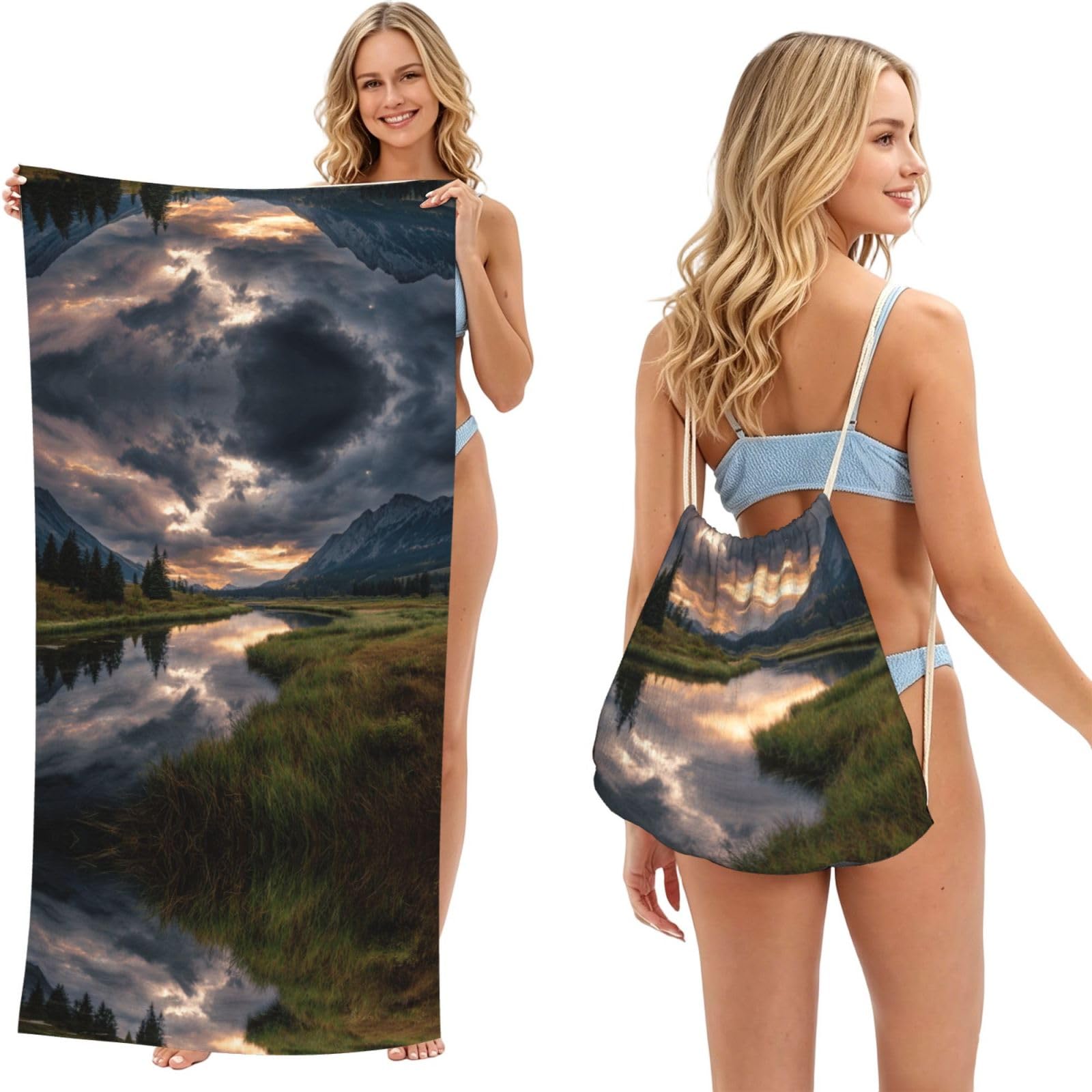 ESNAIUVCD Natural Scenery Print Beach Towel For Adults,Towel With Drawstring Bag, Travel Pool Swimming Sports Shower Sand Free Quick Dry Bath Towel For Pool, Beach, Yoga- 180x60cm